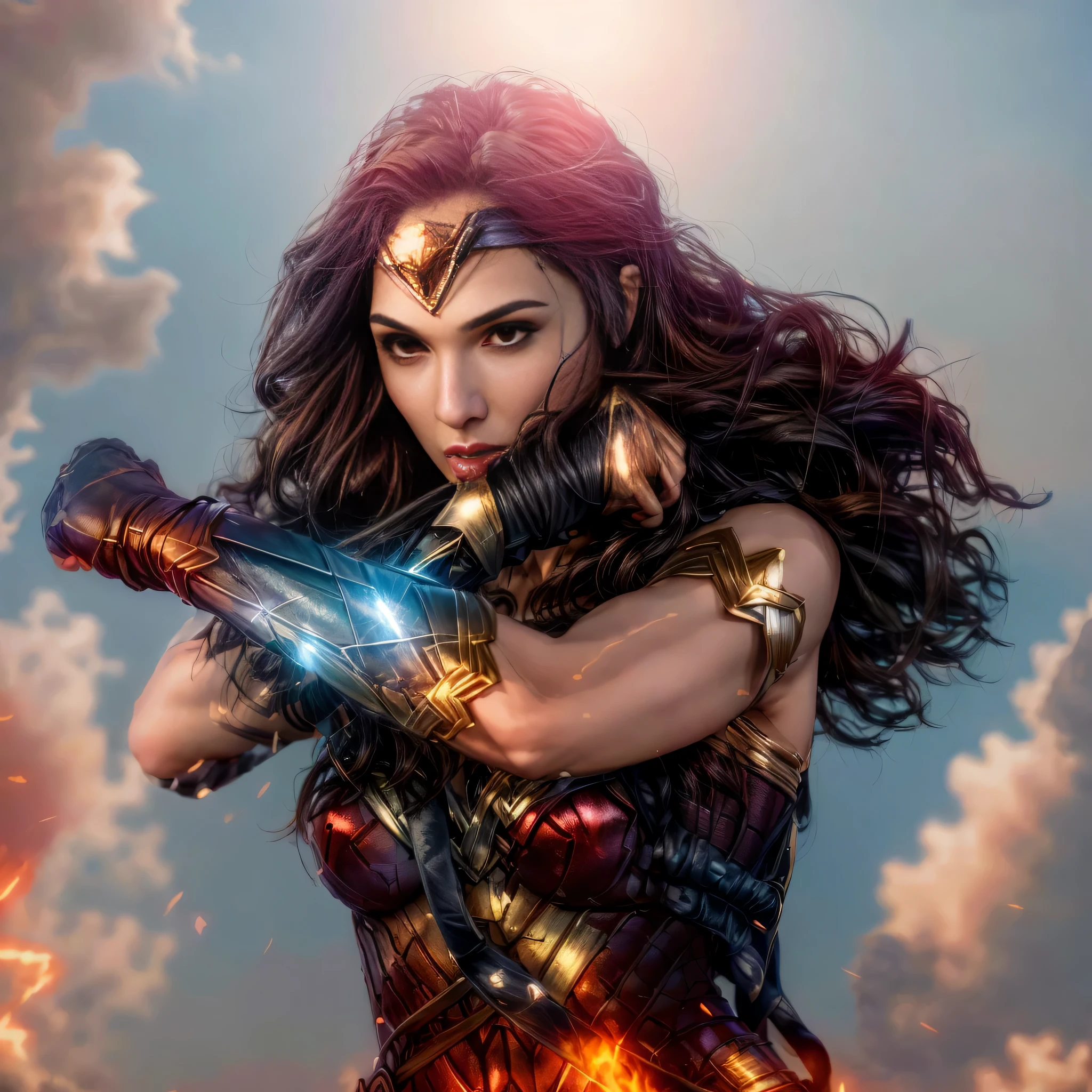 wonder woman with sword in front of a fiery sky, mulher maravilha, still do filme gal gadot, Gal Gadot as mulher maravilha, sem texto, portrait of mulher maravilha, gal gadot como senhor do inferno, Gal Gadot as mulher maravilha, Gal Gadot Hybrid, Gal Gadot, retrato de gal gadot, prato de porcelana gal gadot, arte em alta qualidade