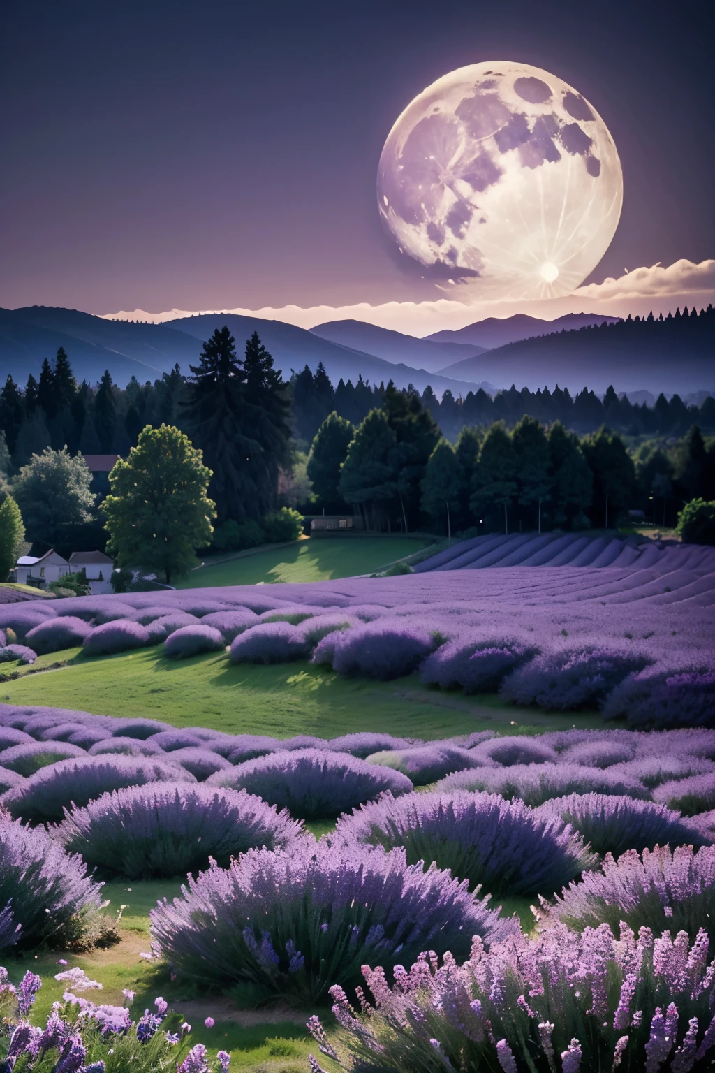 Lavender Landscape, with moon in background and flowers front wallpaper ideas