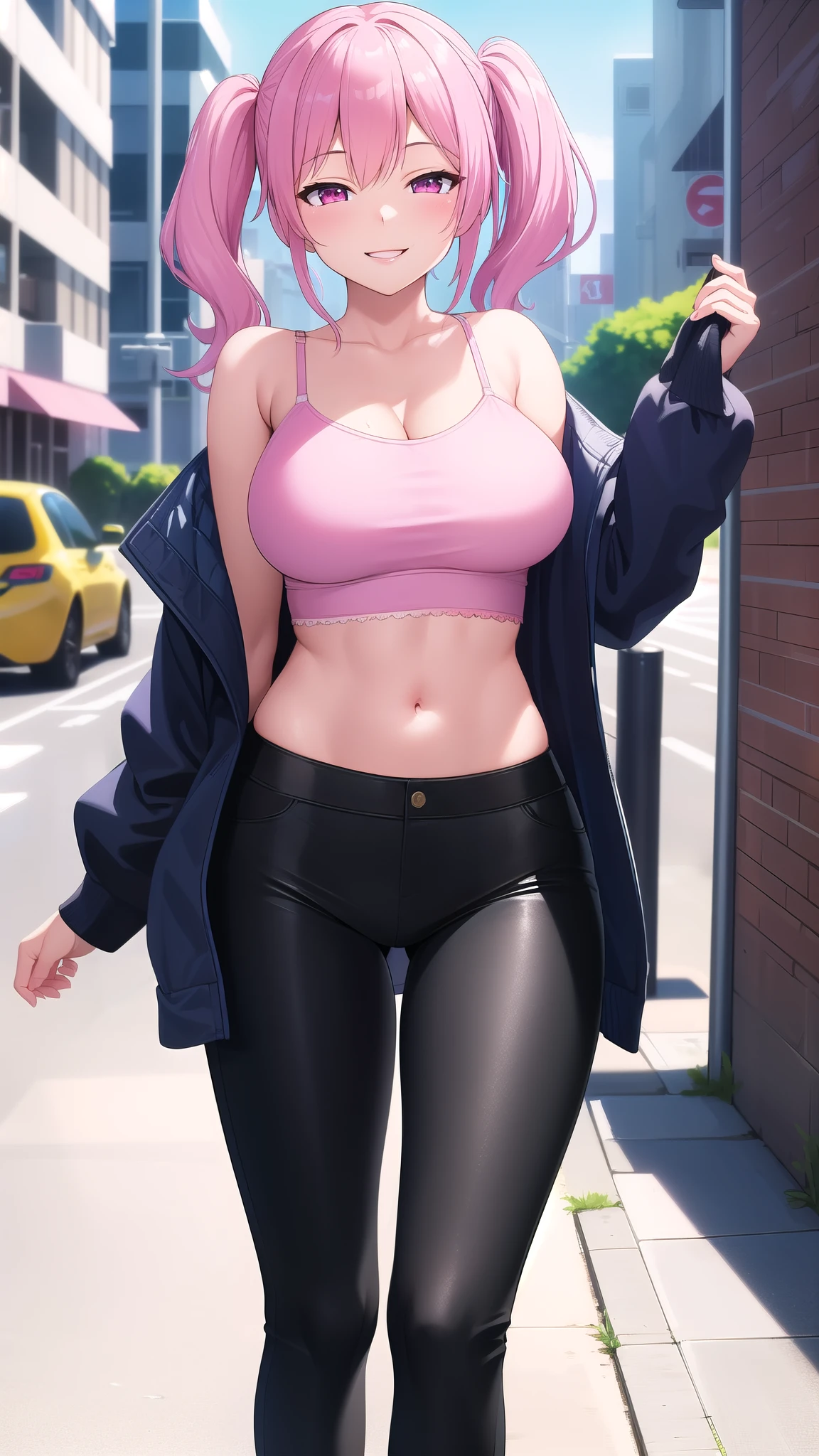 (best quality:1.5, highres, UHD, 4K, detailed lighting, shaders), pink twintails, large breasts, open jacket, camisole, crop top, black pants, sexy, erotic, seductive, lewd, smiling, standing, street background