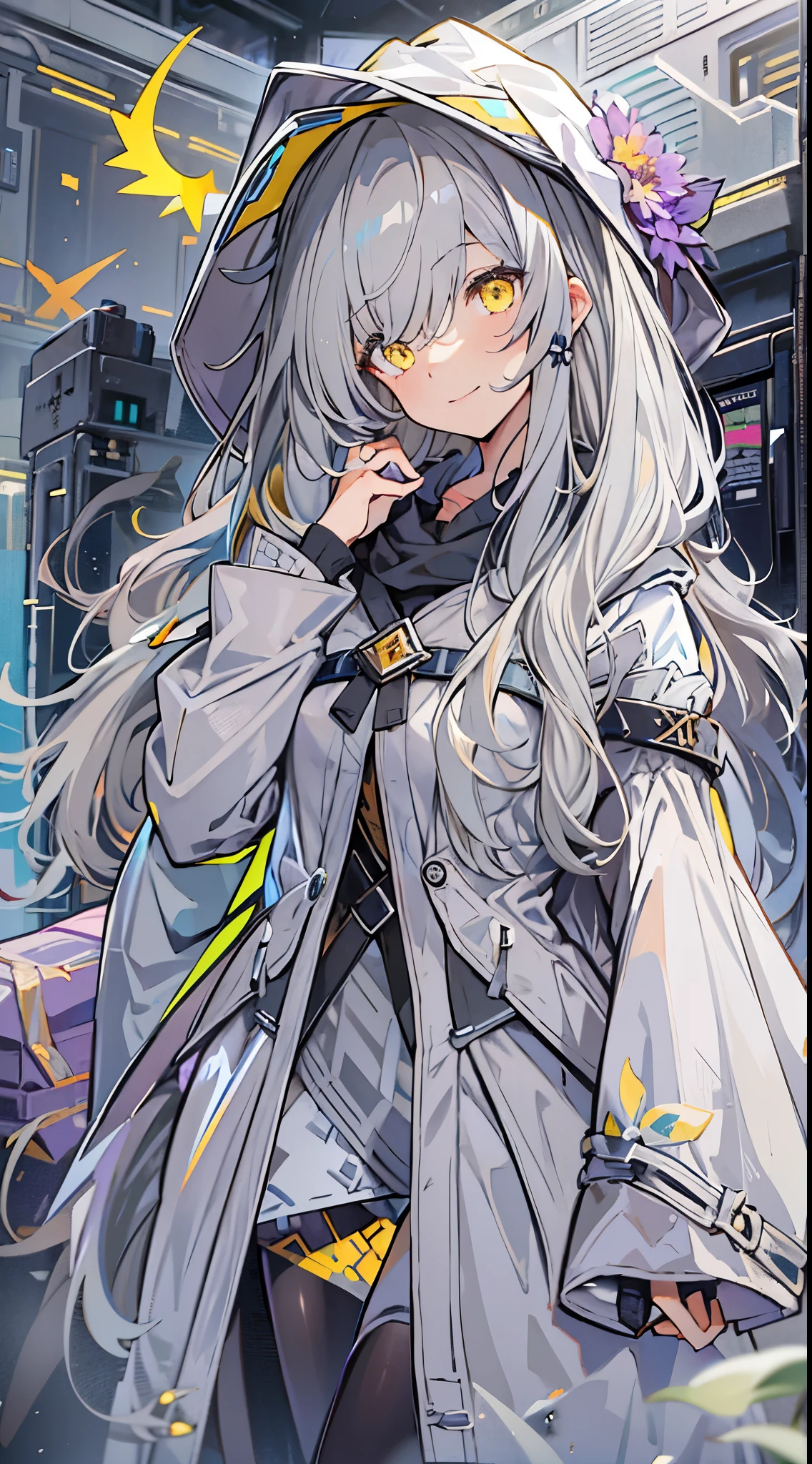1girll,Red eyes, White color blouse, Gorgeous Hair in Long Purple, looking at viewert, light particules, ssmile, starrysky, Wizard's Hat, sleeveless, bare shoulders, By bangs,( She wears a black hooded trench coat,There are fluff on it), tilt of the head,Pantyhose, nipple tassels,flower knot, mitts, beatiful detailed eyes, detailed back ground,((((((gray hair)))))), ((((yellow eyes)))),