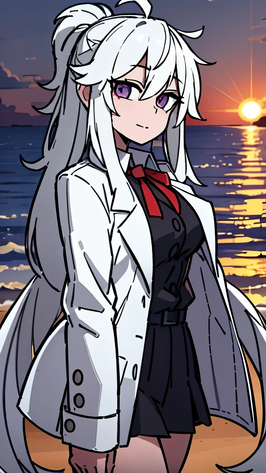 beach，seaside，Sunset，8k resolution，long white hair，purple eyes，white coat，black pleated skirt，proud expression