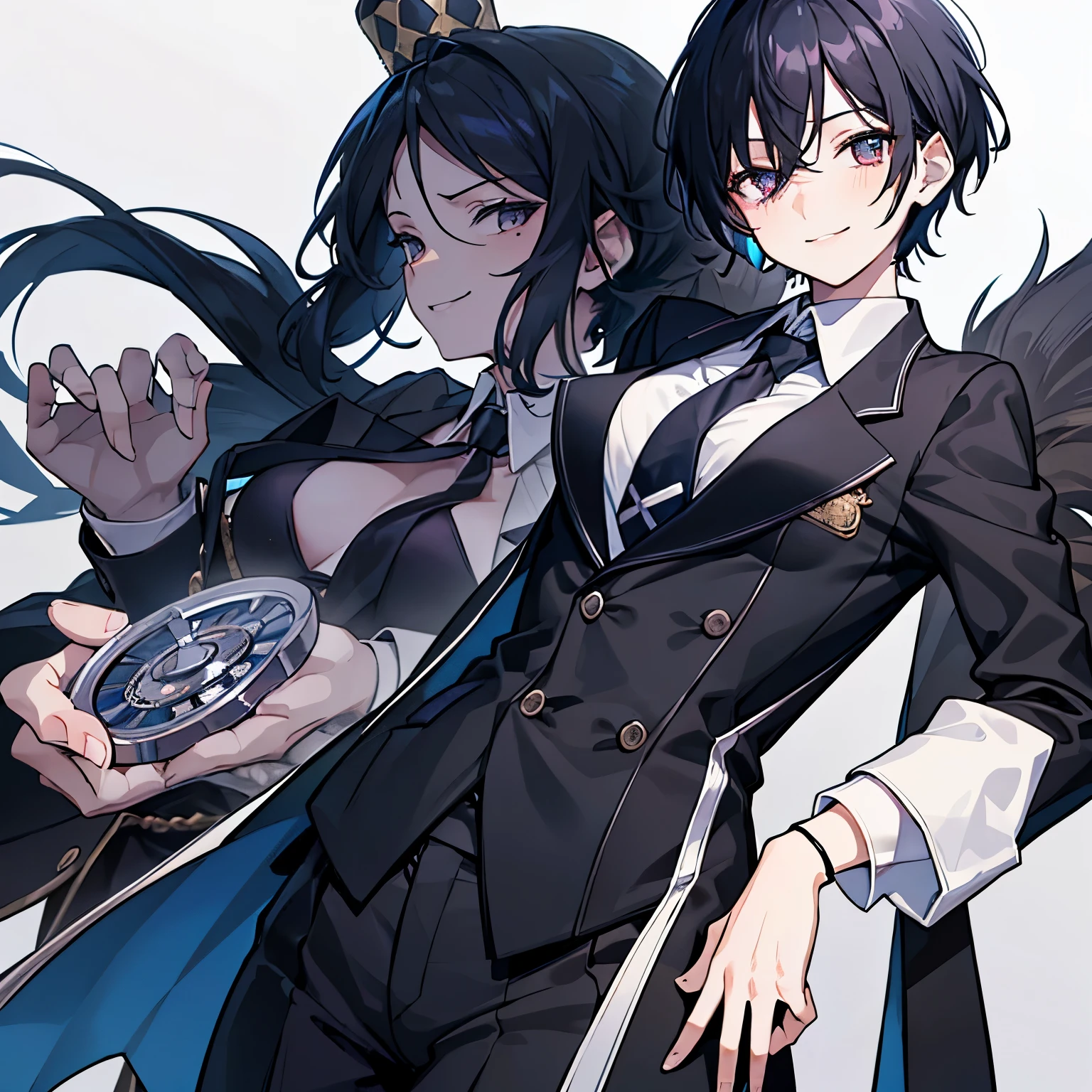 a girl, butler, A person whose gender is not identifiable, black hair, casino dealer, smiling, standing, Casino rooms in the background, some characters standing around in the background, looking at viewer, (tiny breasts:1.4), very short hair, silver eyes, boyish, slant eyes, narrow eyes, (Clothes that don't show skin:1.3), No skin showing, Pocket watch, business suit and business shirt, gloves, tie, beauty mark, upper body, from above, best quality,