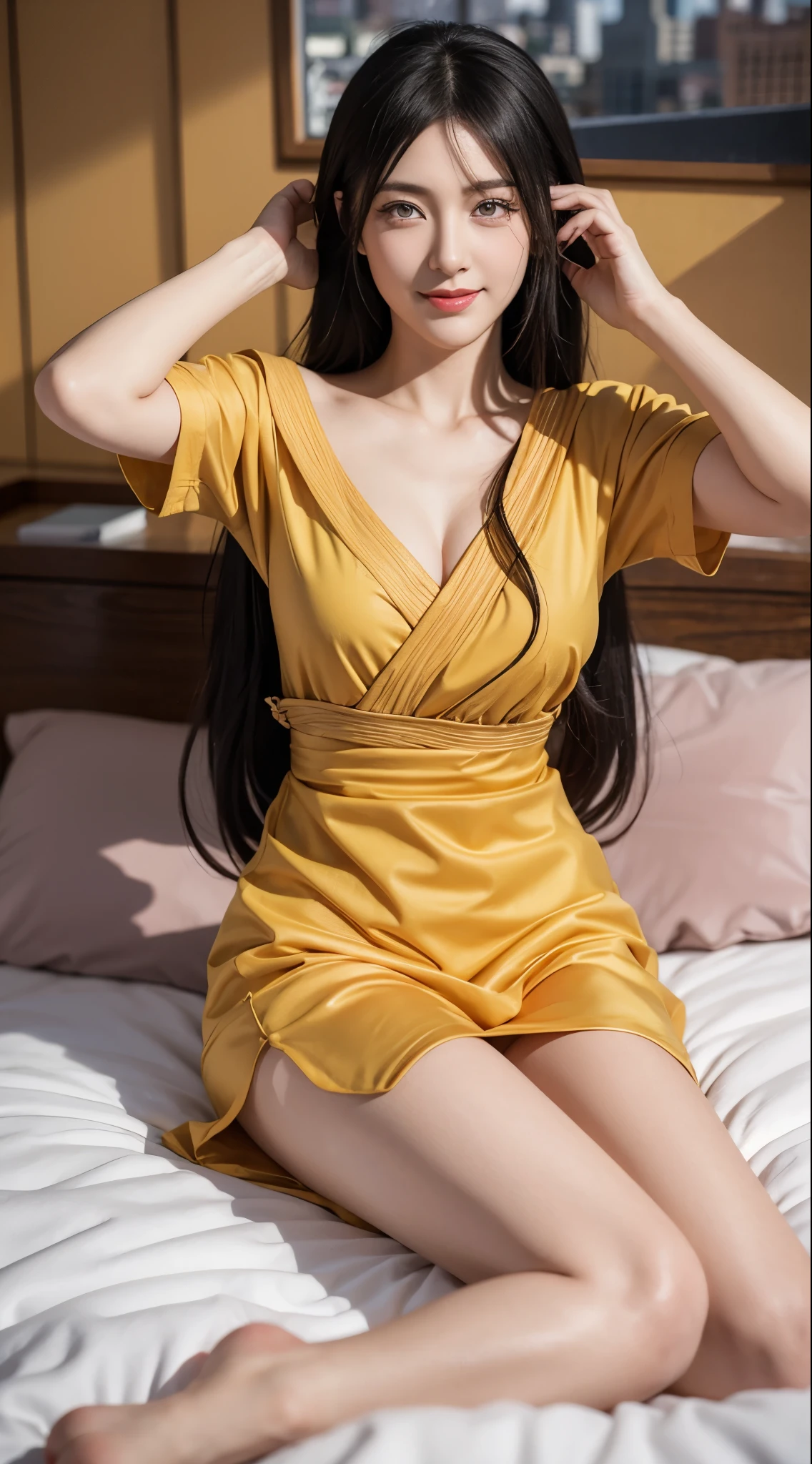 1female, long black hair, hyuga hanabi in anime naruto shippuden, beautiful detailed eyes with Byakugan, beautiful smile, wearing yellow clothes, red lips, city background, ultra-detailed, realistic, [portrait], [vivid colors], [studio lighting], [ultra-fine painting], [sharp focus], [physically-based rendering], [extremely detailed eyes and face], [professional], [bokeh], [HDR], [UHD], [masterpiece:1.2], background in the bedroom