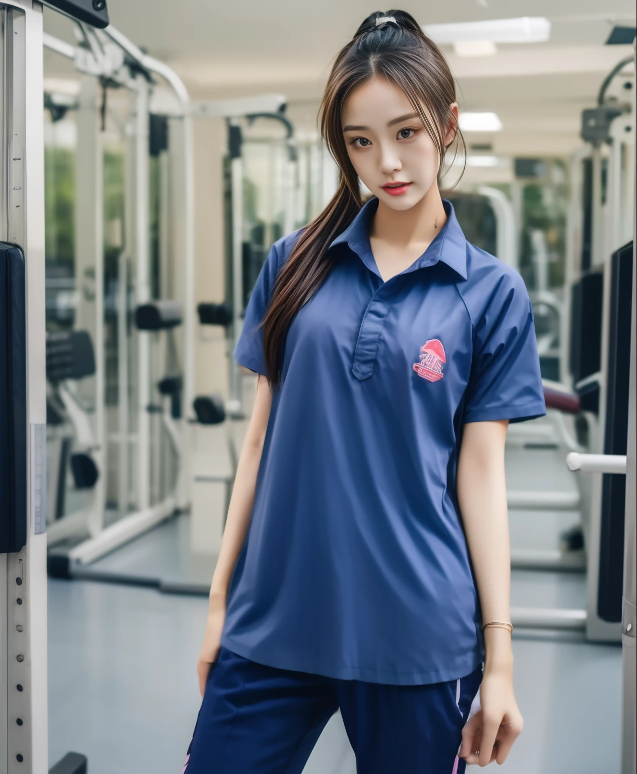 2 girls in fitness center, Blue short-sleeved shirt,Sweatpantsยาวสีกรมท่า,Sweatpants, Sweatpantsยาว,25 year old girl, lesbian, sexy, exercise clothes, wet body, exercise clothes