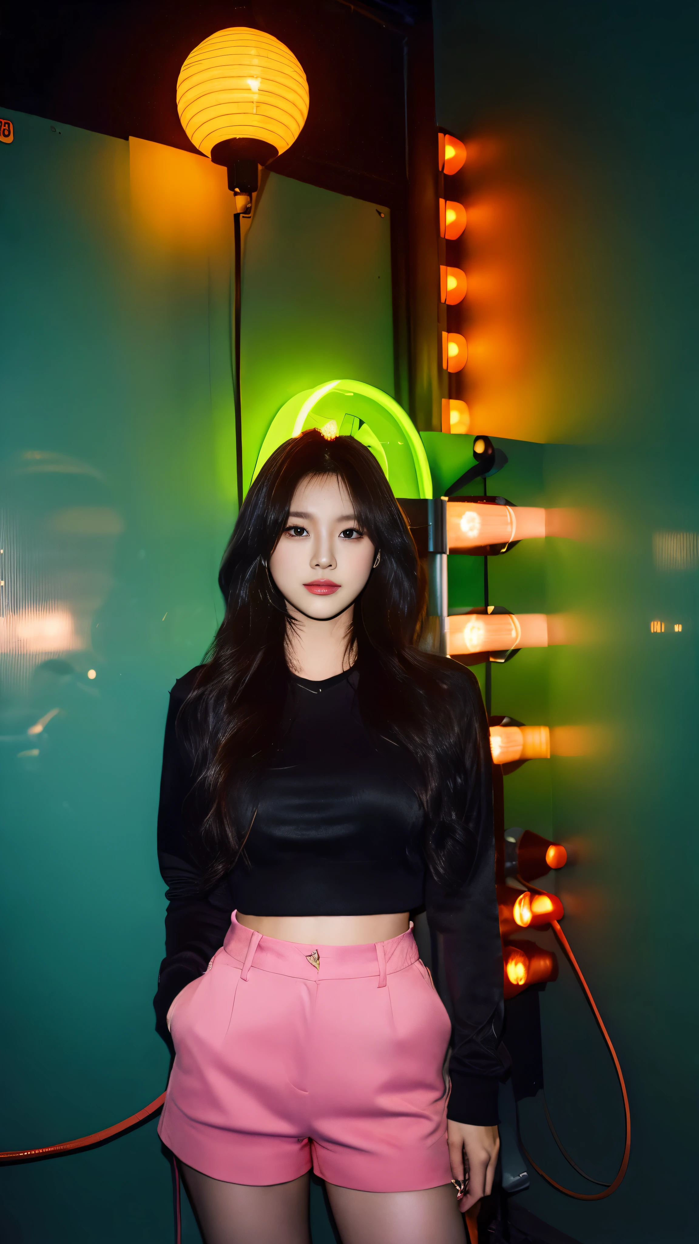 A woman is standing in front of a neon light, The picture is inspired by Ni Yuanlu, CG Social Trends, Trend Art, black pink&#39;Lausanne Park, Popular topics on cgstation, gas station trends, black pink&#39;Josh, WHO, black pink josie&#39;portrait, Jaeyeon Nam, Sisionwu, sun yunjoo