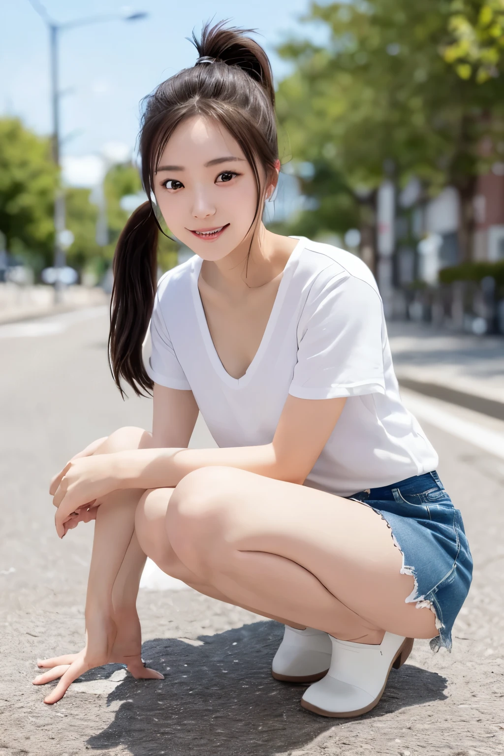 realistic photoimage, female childlike_Cute_innocent_Ladylike_naive Japanese Newscaster, 20-year-old, ((half-ponytail, with one knee up and the other on the ground)), short-sleeve_deep_loose_V-neck white shirt with exposing bra, high-thigh_length_mini_skirt with exposing thigh, gentle smile,( white background,low angle shot, full body wide shot).