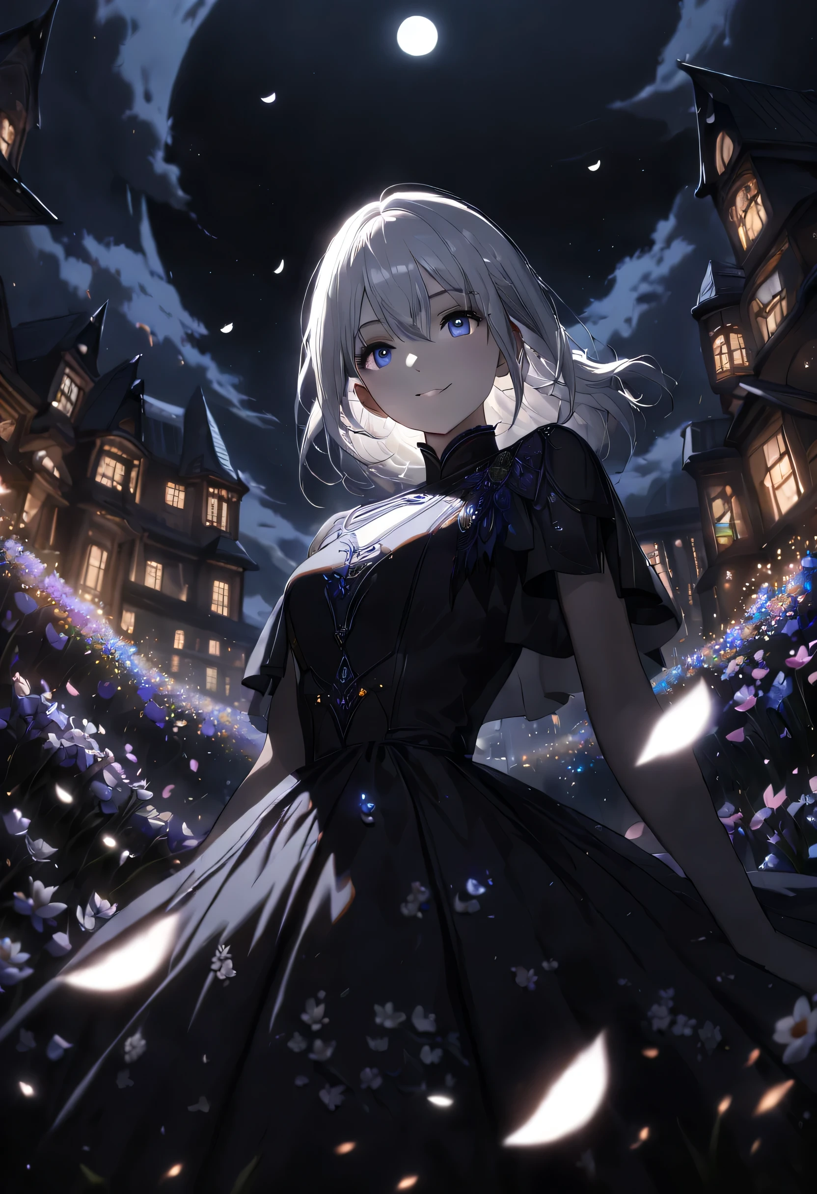 masterpiece, best quality,
1 girl, (rich and colorful),(Delicate and beautiful eyes and delicate face),cinematic Lighting,Half-length photo,Extremely detailed CG unified 8k wallpaper,white hair,alone,Smile,intricate skirt,((flying petals)),(meadow with flowers)
Sky, cloudy_Sky, building, moonLight, moon, night, (dark theme:1.3), Light, fantasy,