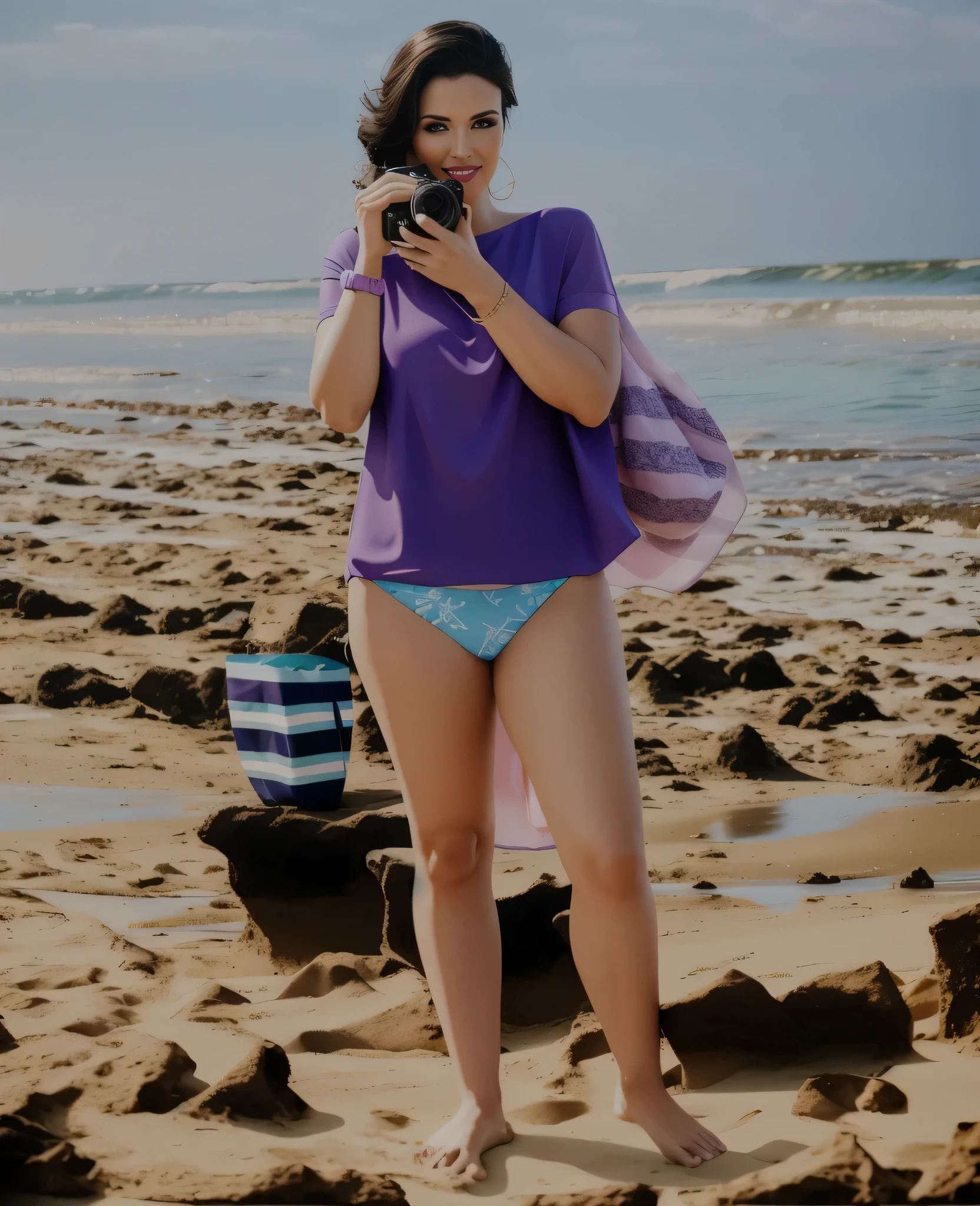 there is a woman in a purple shirt, green bikini, tirar uma foto, na praia, foto de praia, foto completa distante, no mar, em uma praia, posing na praia, posing em uma praia with the ocean, full body photo in bikini, na praia, vacation photo. Uma mulher com pele branca e cabelos escuros. ela tem cerca de 35 anos. Her pink lips are like a delicate flower, seus olhos castanhos escuros, grande e encantador, parecem conter um mundo de maravilhas. Corpo fino. cintura fina. Your body exudes glamor and your face is the definition of beauty. altamente realista, lindo, pink lips, pink lipstick, sorridente, feeling of lightness and joy, hiperrealismo, pele muito elaborada, olhar direto. foto de corpo inteiro, foto clara, alta qualidade, high resolution, obra de arte, 8K.