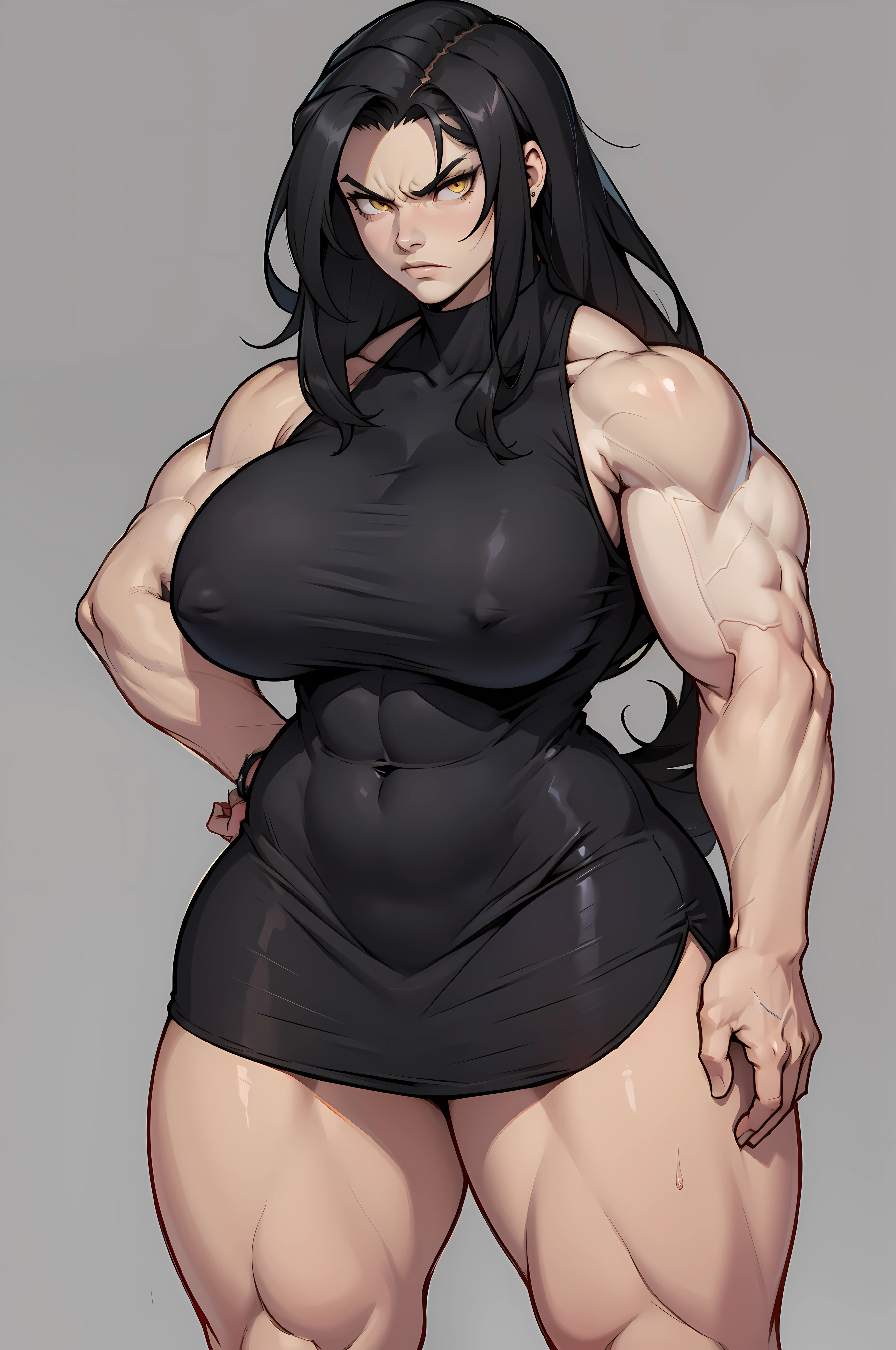 ((grey background)), solo, ((((1 girl)))), very long hair, black hair, angry, yellow eyeuscular))))), (huge tits), (thick thighs), (wide hips), pale skin, standing, short dress