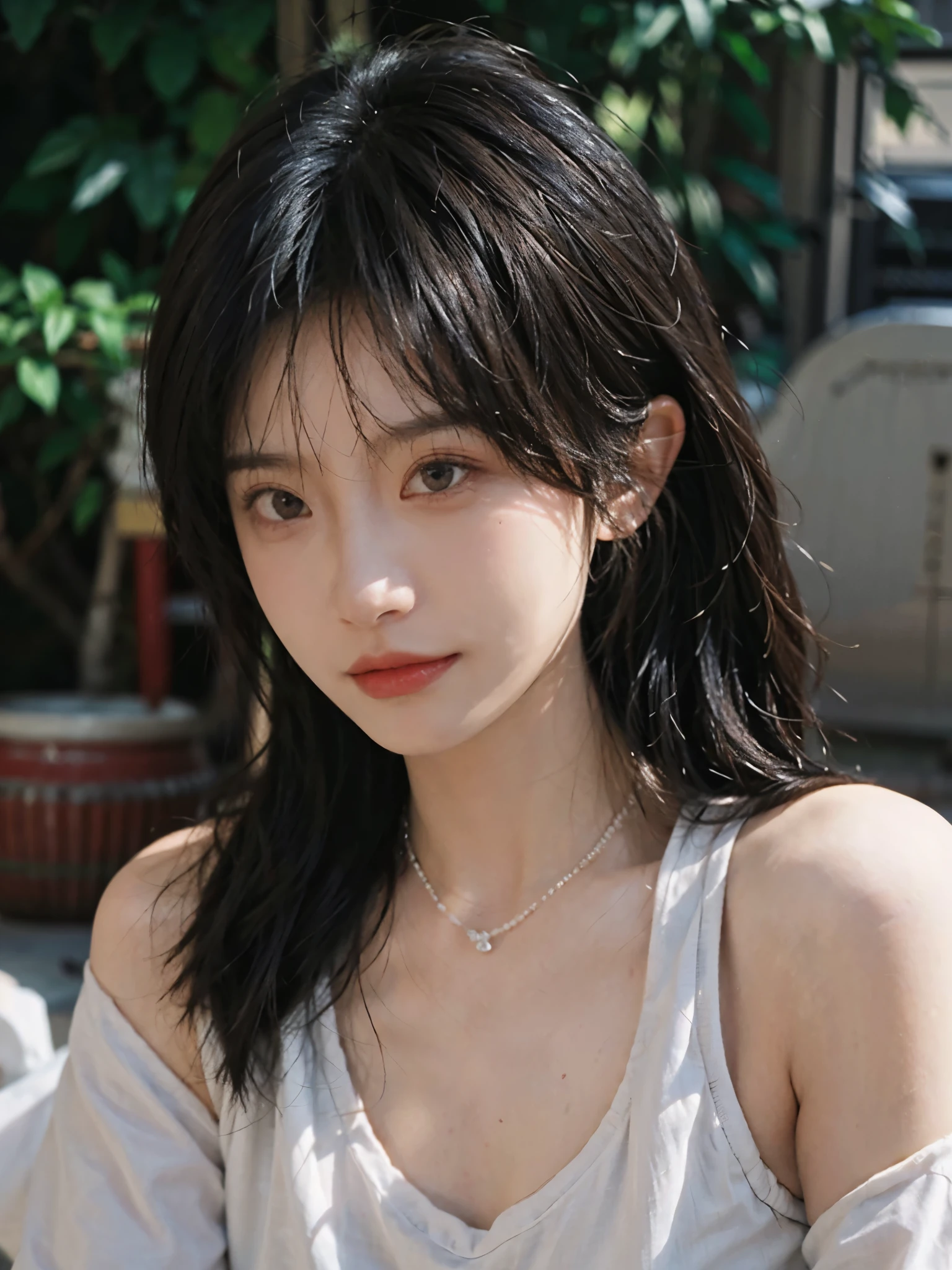 Film portrait photography, 1 girl, bare shoulders,lipstick，（flat chest：1.4）， Shoulder length wavy hair, wear necklace，headband，look directly，earrings，short sleeves，serene, calm, (Realistic and detailed eyes, natural skin texture, Realistic facial details), Soft dramatic lighting, depth of field, Bokeh, Vibrant details, Detailed and detailed, surreal, 35mm film, hazy, ,