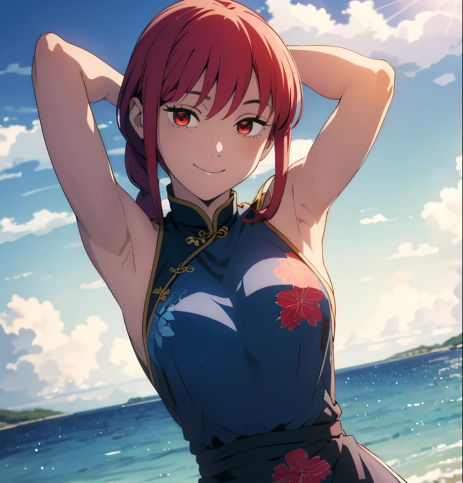 (masterpiece, best quality, high resolution, animescreencap, anime colored,), (perfect anatomy, beautiful detailed eyes, beautiful detailed body, beautiful breast, shiny skin), 1girl, red hair, side bangs, braided ponytail, medium breasts, smiling,red eyes, ringed eyes, arms up behind head , armpits, looking at viewer, blushing,, ocean, blue sea, blue sky, clouds, sun, red chinese dress with flower design