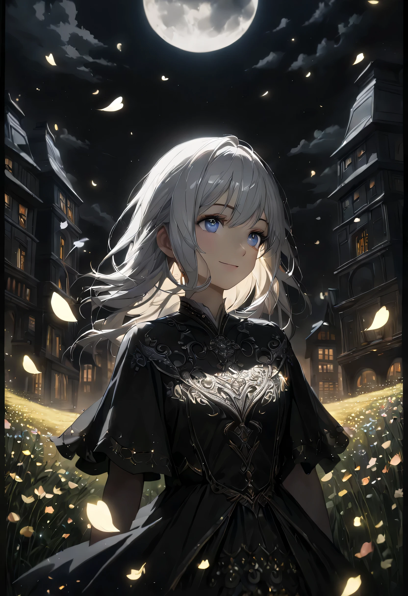 masterpiece, best quality,
1 girl, (rich and colorful),(Delicate and beautiful eyes and delicate face),cinematic Lighting,Half-length photo,Extremely detailed CG unified 8k wallpaper,white hair,alone,Smile,intricate skirt,((flying petals)),(meadow with flowers)
Sky, cloudy_Sky, building, moonLight, moon, night, (dark theme:1.3), Light, fantasy,