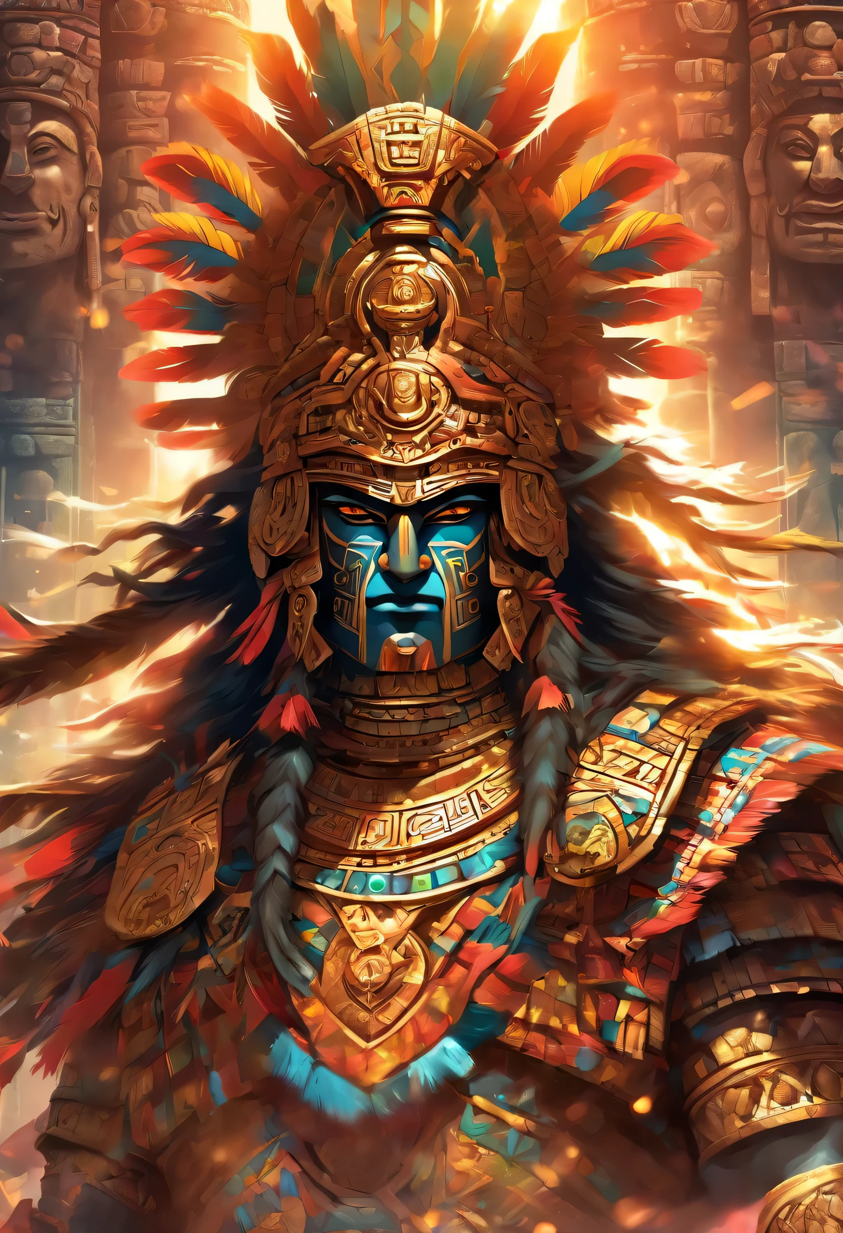 (((MAYAN PITZ)) Mejor calidad, Ultra high resolution, CG detallado en 4K, Obra maestra,Inca God in Peruvian mythical armor (Sin rasgos humanos) Imagina una imagen impresionante de un dios inca, completely covered in mythical Peruvian armor. la armadura, adornado con detalles dorados, reflects the rich cultural heritage of the ancient Inca civilization. El dios es alto e imponente., his true form obscured by intricately designed armor. The fantastical style of the image highlights the mythical nature of the deity., evoking a sense of mystery and reverence.), Hermosa foto, centrado en la pantalla