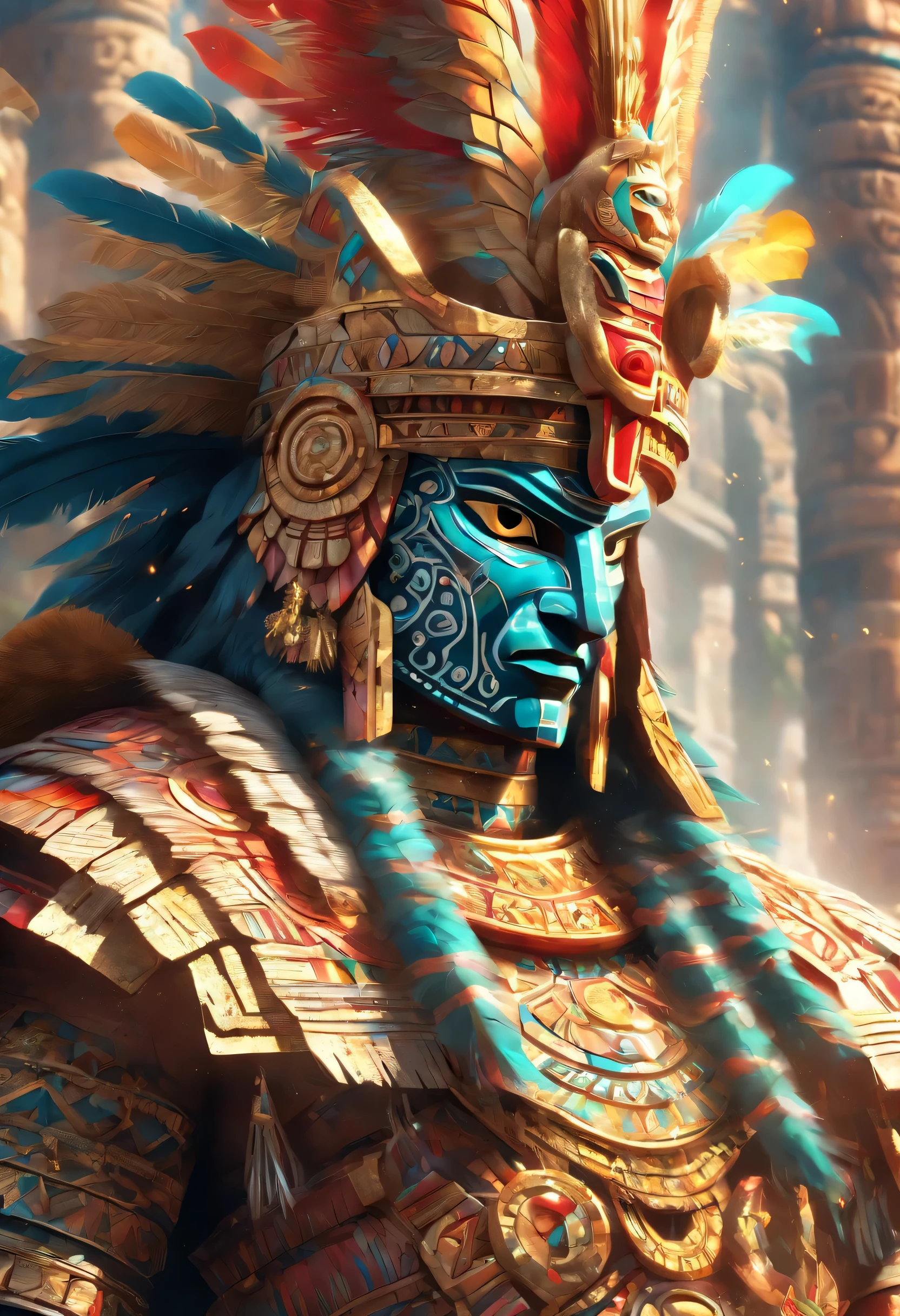 (((MAYAN PITZ)) Mejor calidad, Ultra high resolution, CG detallado en 4K, Obra maestra,Inca God in Peruvian mythical armor (Sin rasgos humanos) Imagina una imagen impresionante de un dios inca, completely covered in mythical Peruvian armor. la armadura, adornado con detalles dorados, reflects the rich cultural heritage of the ancient Inca civilization. El dios es alto e imponente., his true form obscured by intricately designed armor. The fantastical style of the image highlights the mythical nature of the deity., evoking a sense of mystery and reverence.), Hermosa foto, centrado en la pantalla
