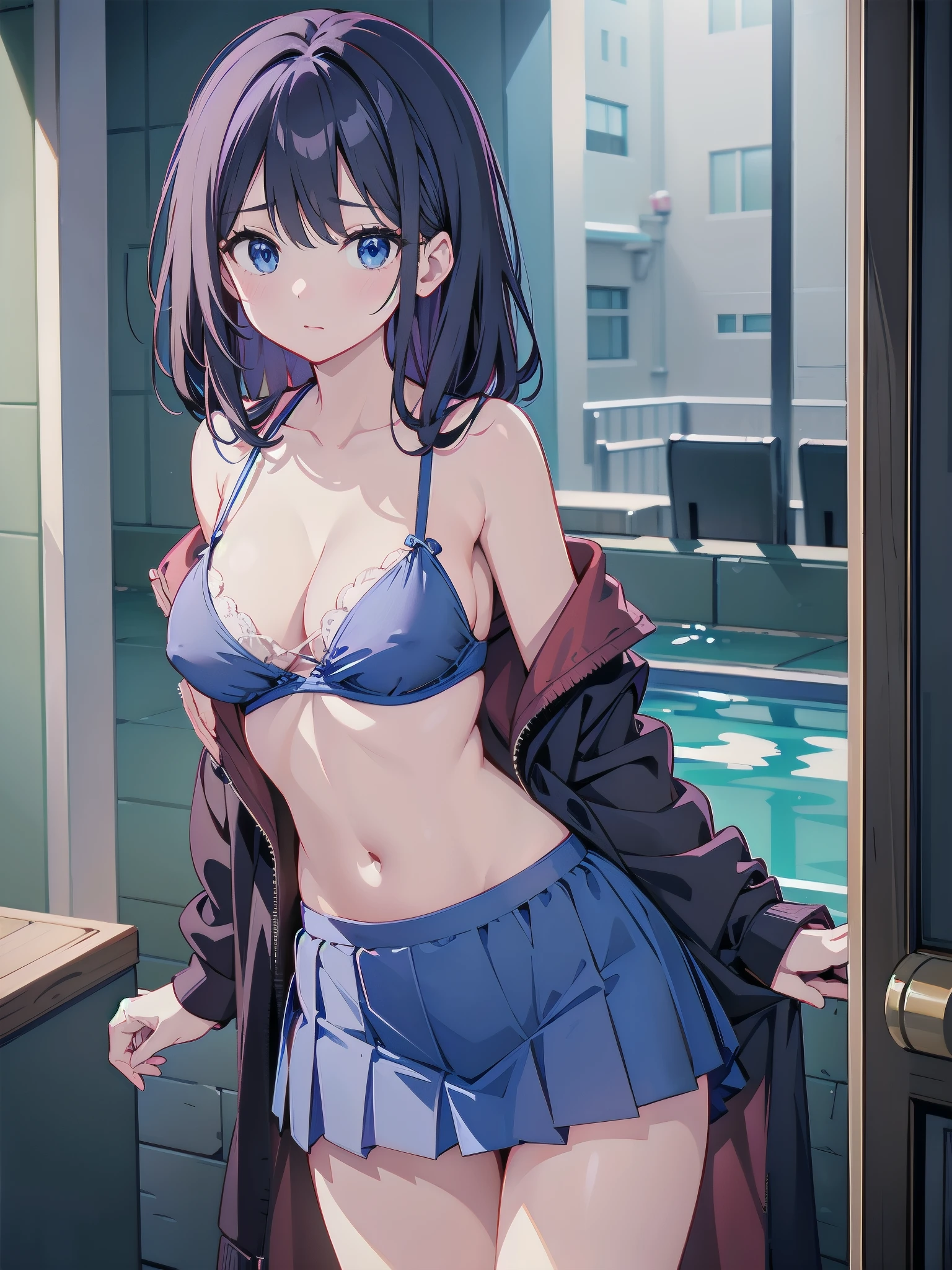 A 27-year-old female office worker enjoys her holiday at the indoor pool.、dark brownの髪色でロングボブヘアーです、A swimsuit top with an overlapping layer of indigo cloth that covers 4 cm below the right collarbone to the bottom of the left nipple, and a blue cloth that covers 4 cm below the left collarbone to the bottom of the right nipple.、Indigo swimsuit panties with ribbons on the sides、I am wearing a pareo skirt that is slightly transparent so you can see my panty line around my waist.、The ceiling and walls are made of glass、You can see the night sky outside the glass、The lower half of her cleavage is hidden by cloth、It&#39;s late night now