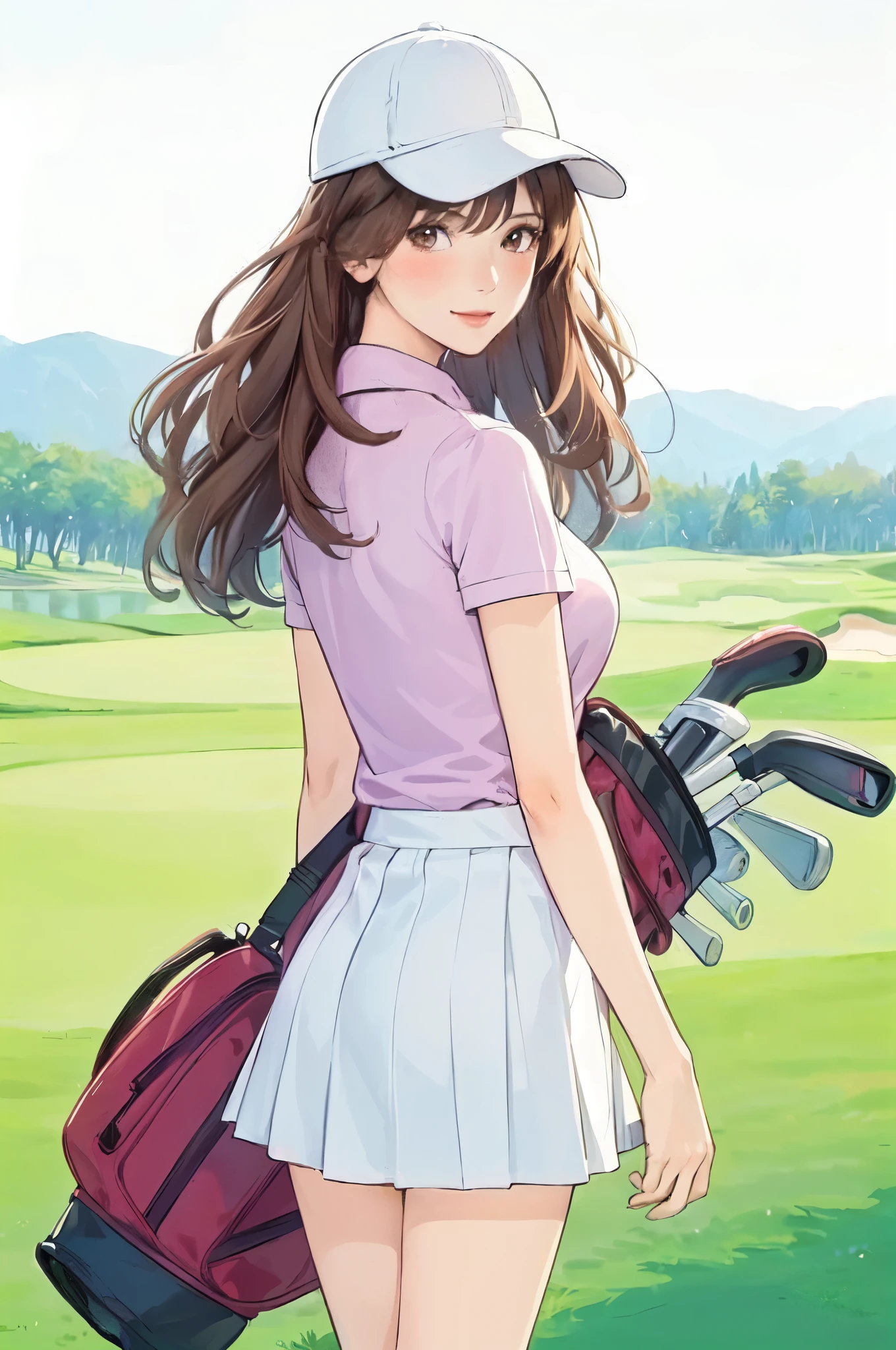 1lady standing, (looking back) (from behind), (golf wear) stylish, polo shit, cap, mature female, /(brown hair/) bangs, blush light smile, (masterpiece best quality:1.2) delicate illustration ultra-detailed, large breasts BREAK (green of golf course) outdoors, (golf club), noon, detailed background