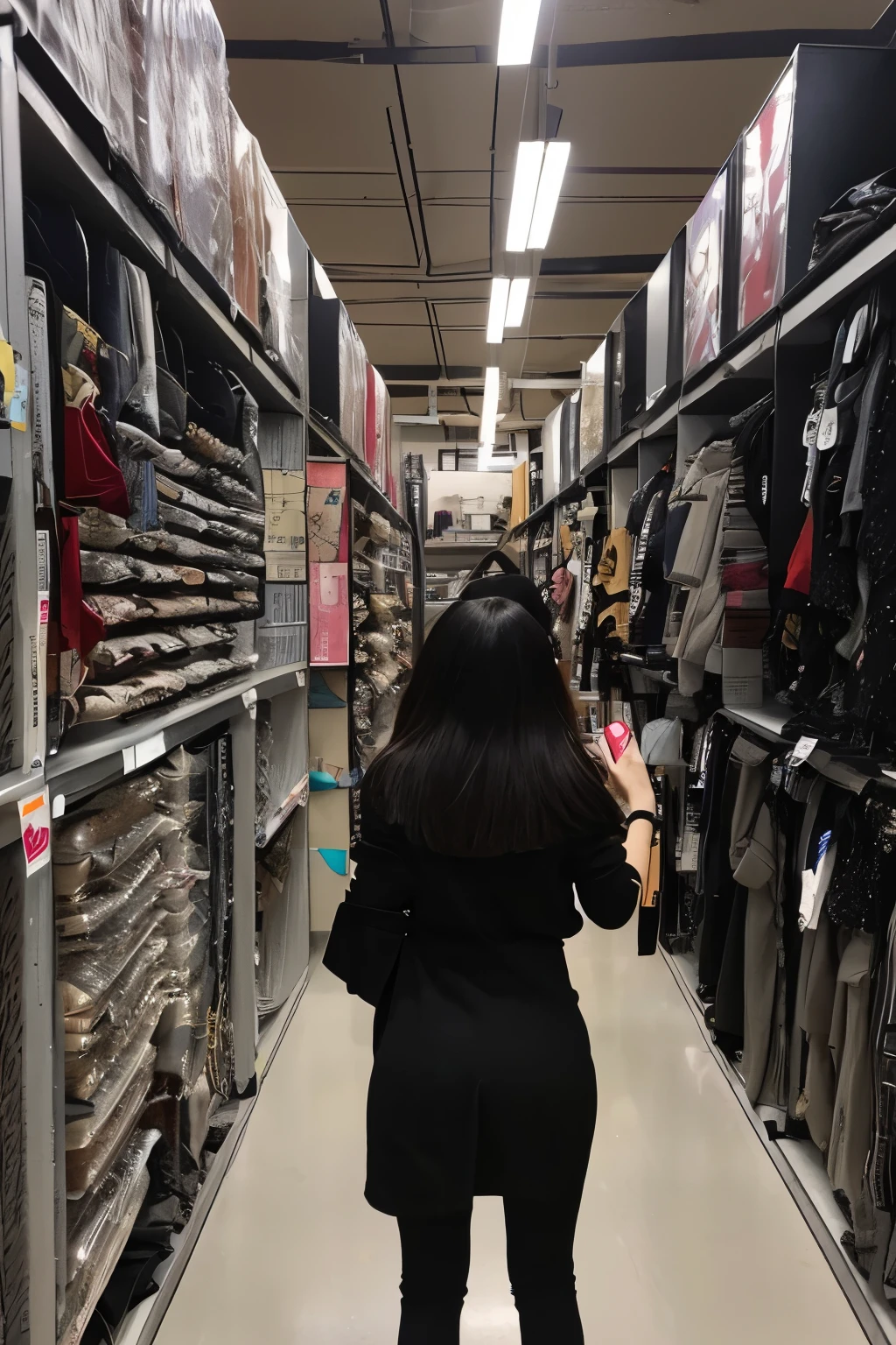 A girl wearing black matte daily tights working in a clothing store in Turkey is arranging the clothes in the aisle during working hours, secretly taking a shot of her buttocks with her phone. full length photo. straight hair with black hair. He's not looking at the camera.