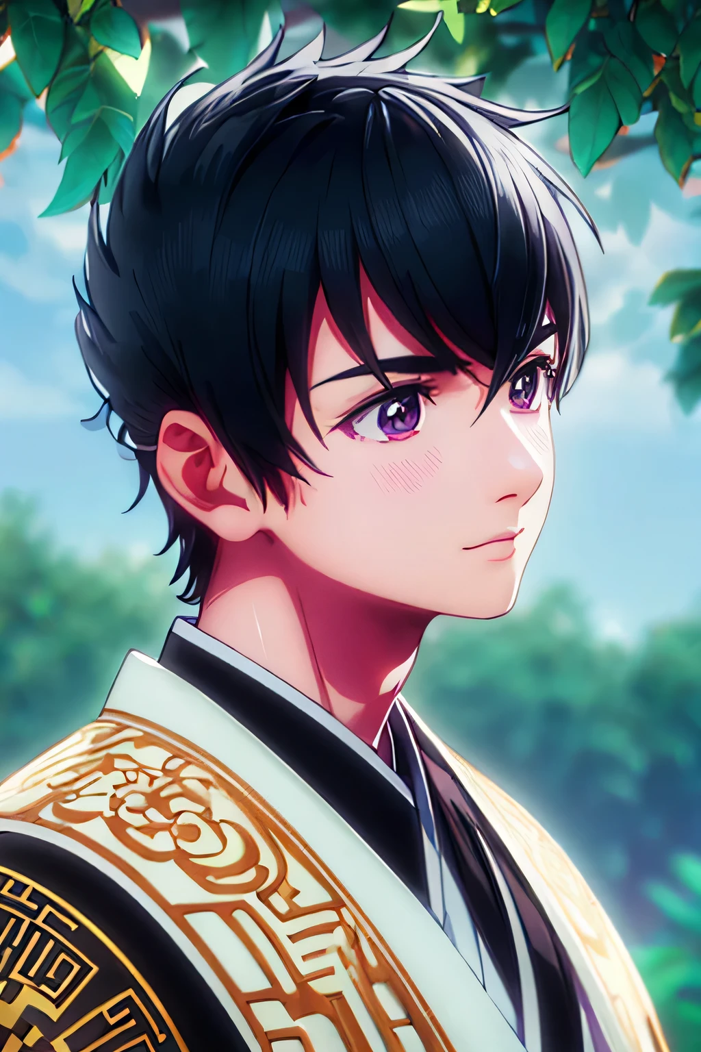 (best quality,ultra-detailed,realistic,traditional Chinese clothes:1.2),black-haired boy,modern hairstyles,exquisite details,gorgeous patterns,eye-catching colors,delicate embroidery,ornate buttons,elaborate collar,intricate cuffs,flowing robes,traditional Chinese culture,elegant posture,confident expression,sharply defined facial features,stylish look,antique flair,authentic textures,high-resolution rendering,professional artwork,lively color palette,vibrant contrast,soft and even lighting