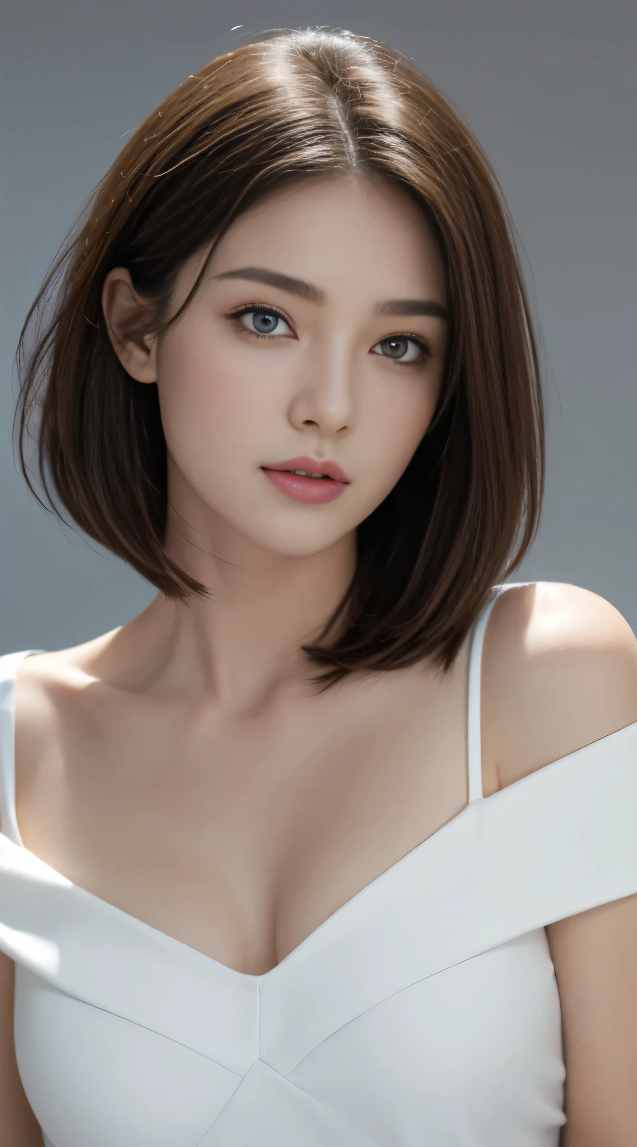 skin tight white top:1.2, looking at the viewer, cinematic lighting, perfection, soft light, high resolution skins:1.2, realistic skin texture, 30 year old mature woman、small face、no makeup、off shoulder,bust B cup、 exposed cleavage, blue eyes, short hair, dark brown hair、full body shot、gray background、