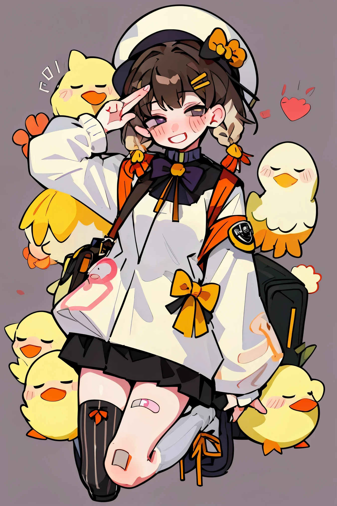 1girl, yellow_headwear, bandaid, rubber_duck, solo, thighhighs, striped, bandaid_on_face, jacket, bag, white_background, smile, braid, purple_eyes, single_thighhigh, hair_ornament, backpack, simple_background, brown_hair, grin, weibo_username, twin_braids, asymmetrical_legwear, socks, hat, long_sleeves, duck, white_jacket, hairclip, weibo_logo, bird, blush, looking_at_viewer, full_body, jewelry, bandaid_on_nose, yellow_nails, bangs