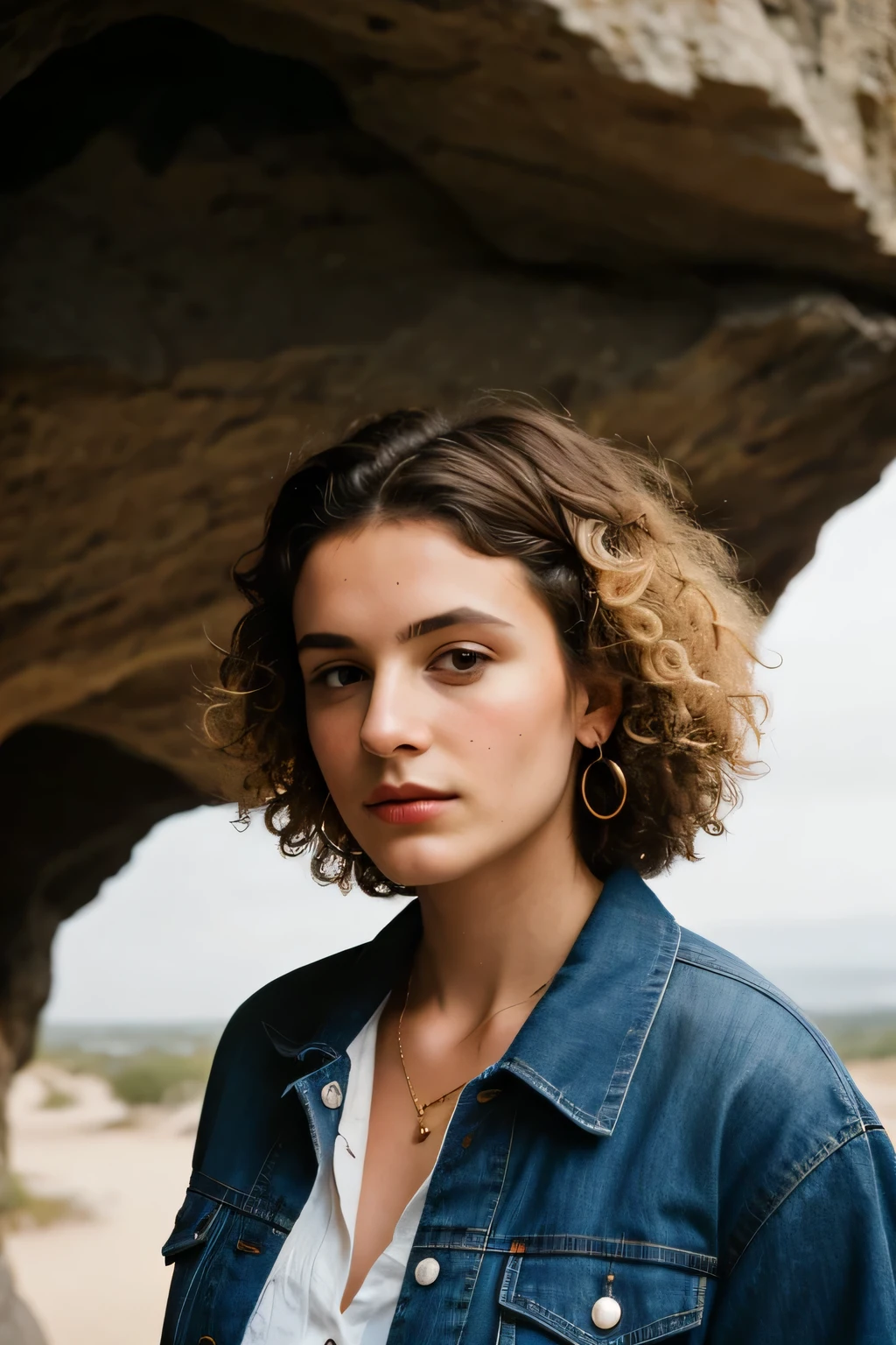 photographie d'une femme, (expression faciale troublée), textured skin, chair de poule, cheveux afro blonds, chemise en flanelle à carreaux avec un jean boyfriend vieilli, tournage d'un cow-boy, dark and mysterious cave with unique rock formations and hidden wonders, yeux parfaits, (Aux chandelles,clair-obscur), Support 160 couleurs, shot on ARRI ALEXA 65, Bokeh, mise au point nette sur le sujet, tourné par Don McCullin, Yeux Bleu