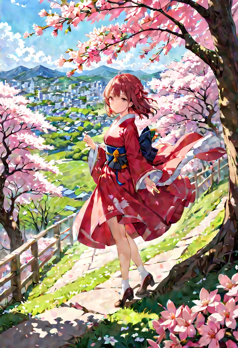 girl, Sakura, hill, noon, best quality, masterpiece, Representative work, official art, Professional, Ultra intricate detailed, 8k