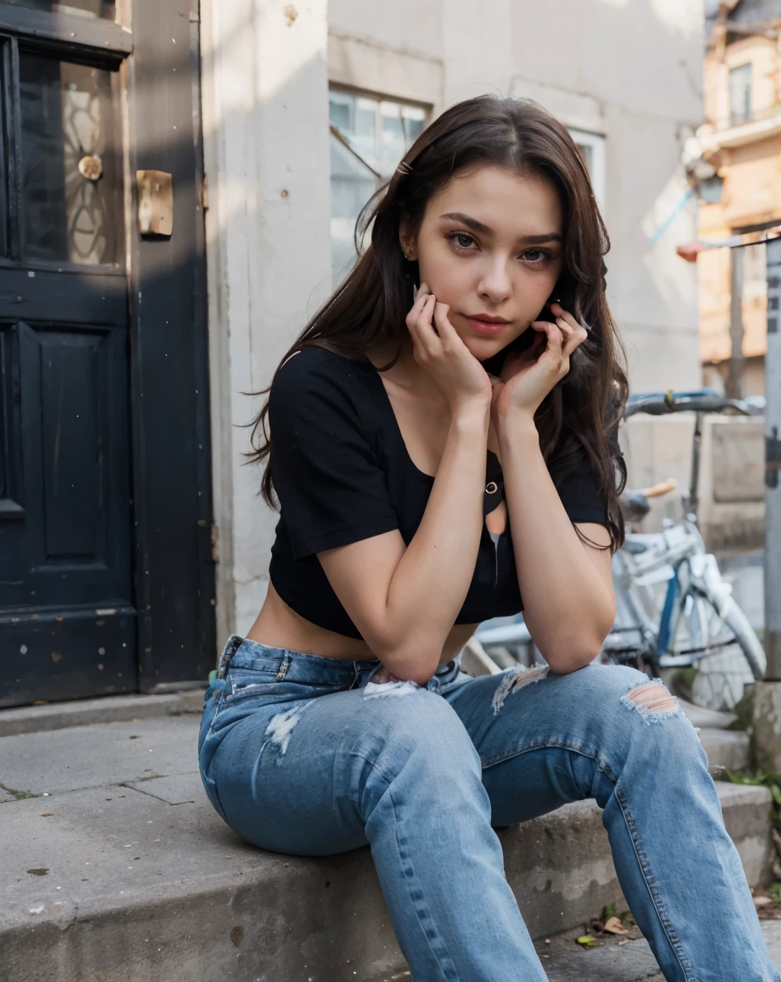 young girl sitting on a step, hand on her chin, realistic cute girl, eastern european girlfriend, black croptop, large breasts, urban girl, large dark deep eyelashes, relaxed fit jeans, thin eyebrows