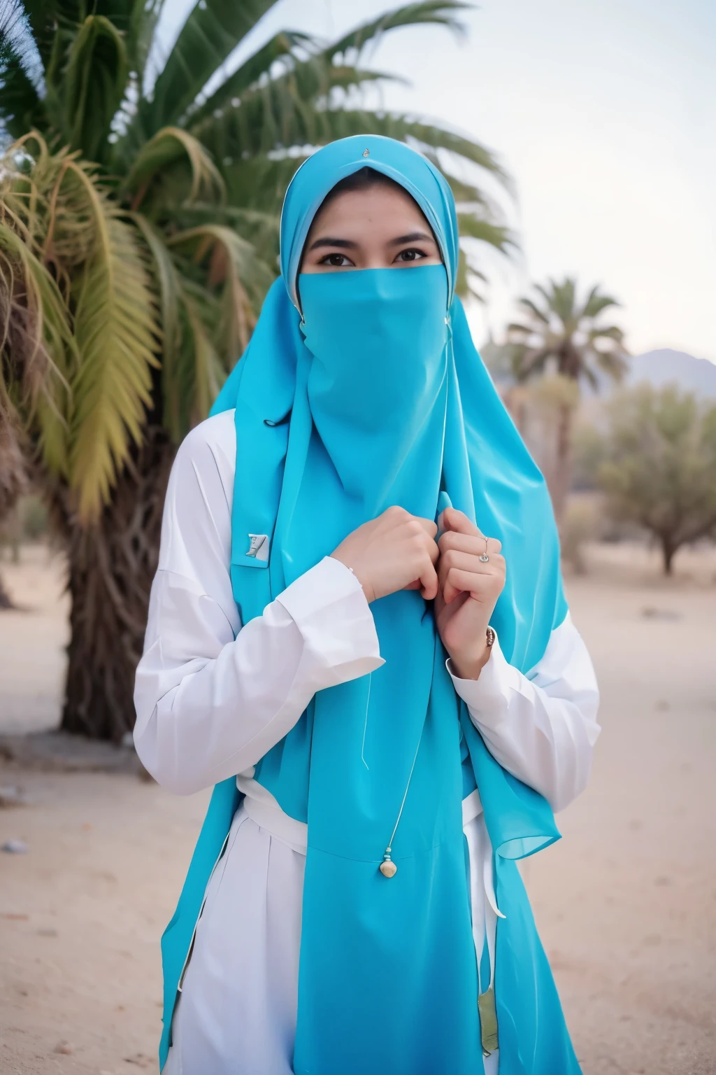generate an image of a young, culturally dressed Indonesian gagged with blue bandana over the mouth girl joyfully performing a traditional dance wearing belly dancer attire in a vibrant desert setting. Capture the essence of her expressing the beauty of her culture through dance, creating a scene that is colorful, lively, and culturally rich. Avoid any elements that may be deemed inappropriate or harmful