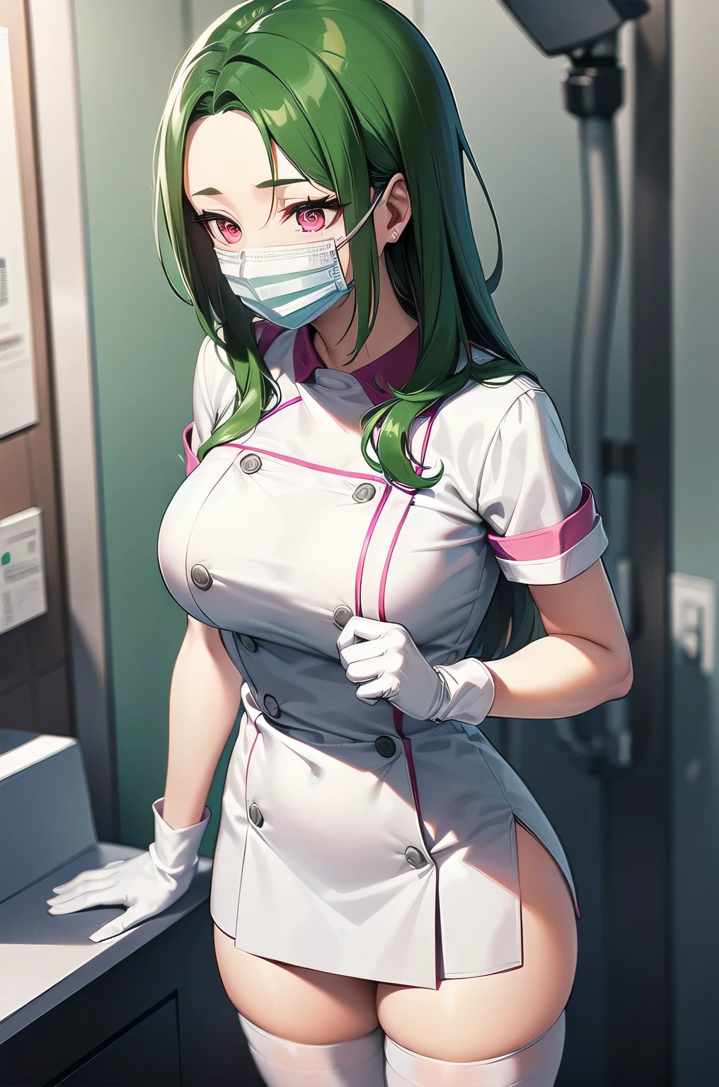 1 female, alone, nurse, nurse cap, white clothes, ((white legwear, zettai ryouiki)), white gloves, amount, long hair, green hair, pink eyes, ((white surgical mask, covered nose)), Are standing, ((hospital room)), sharp outline, short sleeve, mature woman, 35 years old, highest quality, masterpiece