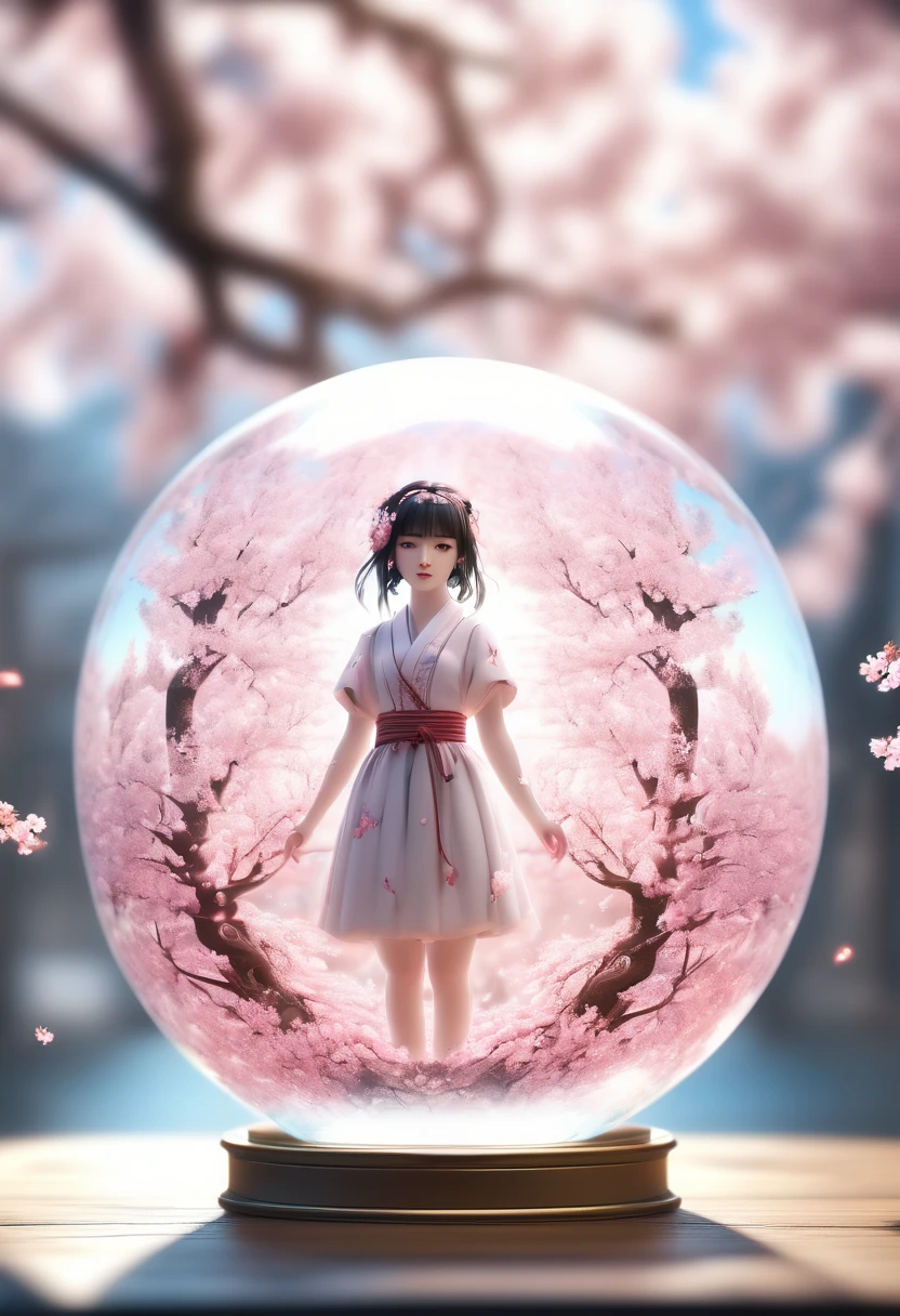 1girl, The Sakura Maiden, aesthetic, Cherry blossom in a glass sphere tilt shift 16k bokeh sparkles surrounded by floating petals, detailed matte painting, deep color, fantastical, intricate detail, splash screen, complementary colors, fantasy concept art, 8k resolution trending on Artstation Unreal Engine 5