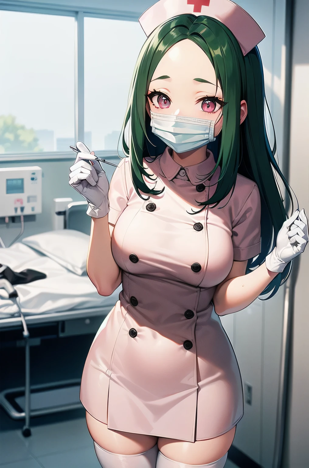 1 female, alone, nurse, nurse cap, white clothes, ((white legwear, zettai ryouiki)), white gloves, amount, long hair, green hair, pink eyes, ((white surgical mask, covered nose)), Are standing, ((hospital room)), sharp outline, short sleeve, mature woman, 35 years old, highest quality, masterpiece
