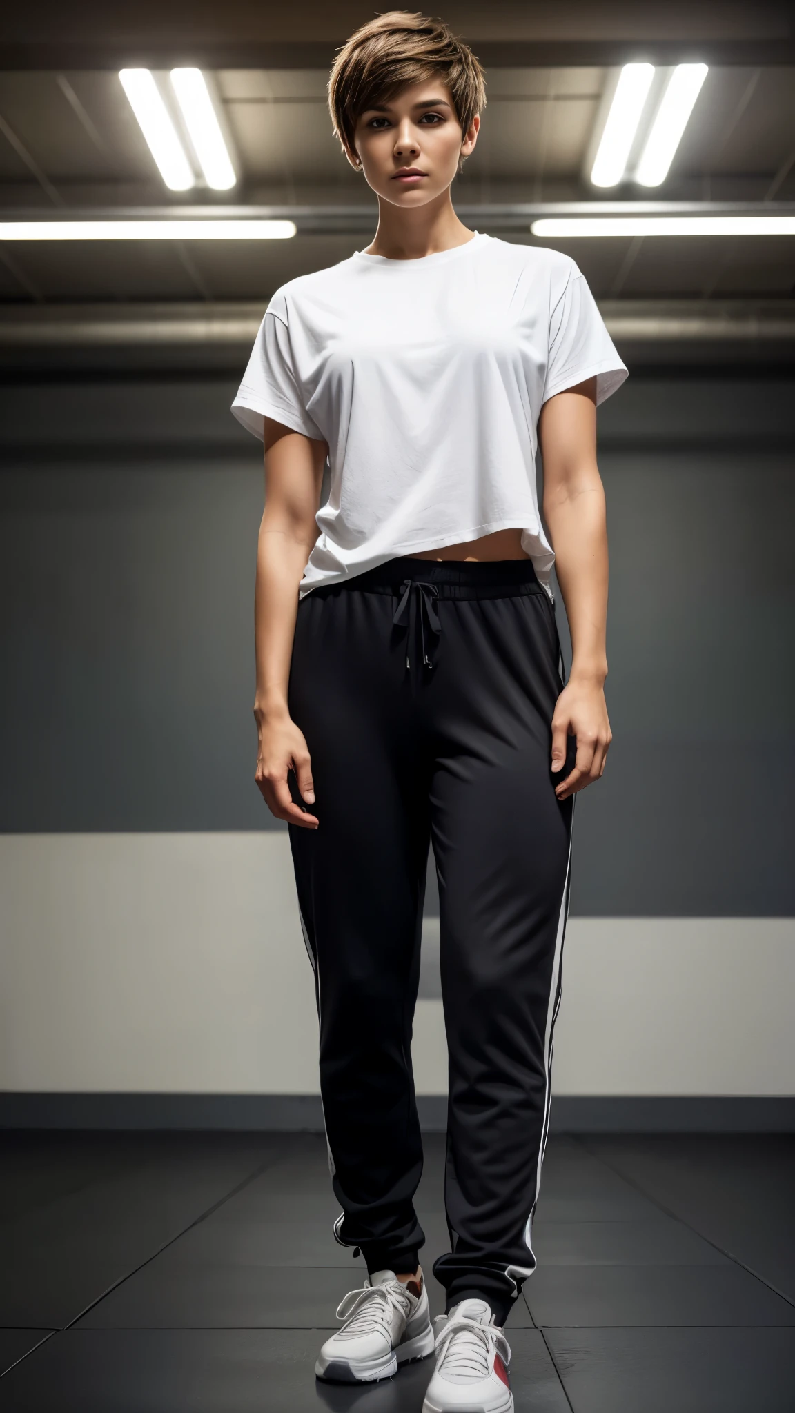 8K, Top Quality, Intricate Details, Ultra Detail, Ultra High Resolution, 35 years old brazilian woman, (the hair is tied), (white tunic polo shirt, long sleeve),(full body: 1.1), back pose, (arm exposed), (tall), (sport shoes), (dark background) black background studio.