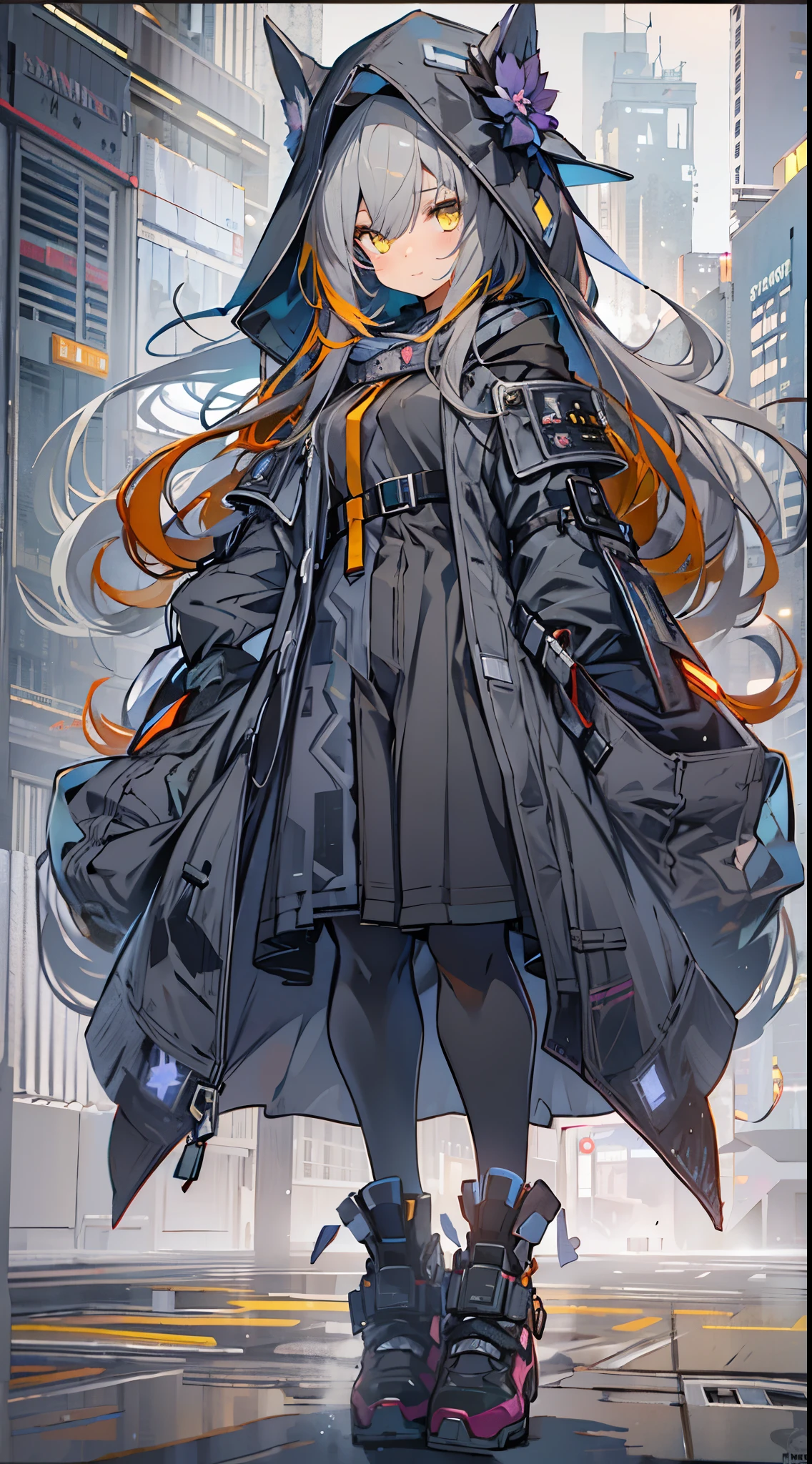 1girll,Red eyes, White color blouse, Gorgeous Hair in Long Purple, looking at viewert, light particules, ssmile, starrysky, Wizard's Hat, sleeveless, bare shoulders, By bangs,( She wears a black hooded trench coat,There are fluff on it), tilt of the head,Pantyhose, nipple tassels,flower knot, mitts, beatiful detailed eyes, detailed back ground,((((((gray hair)))))), ((((yellow eyes)))),