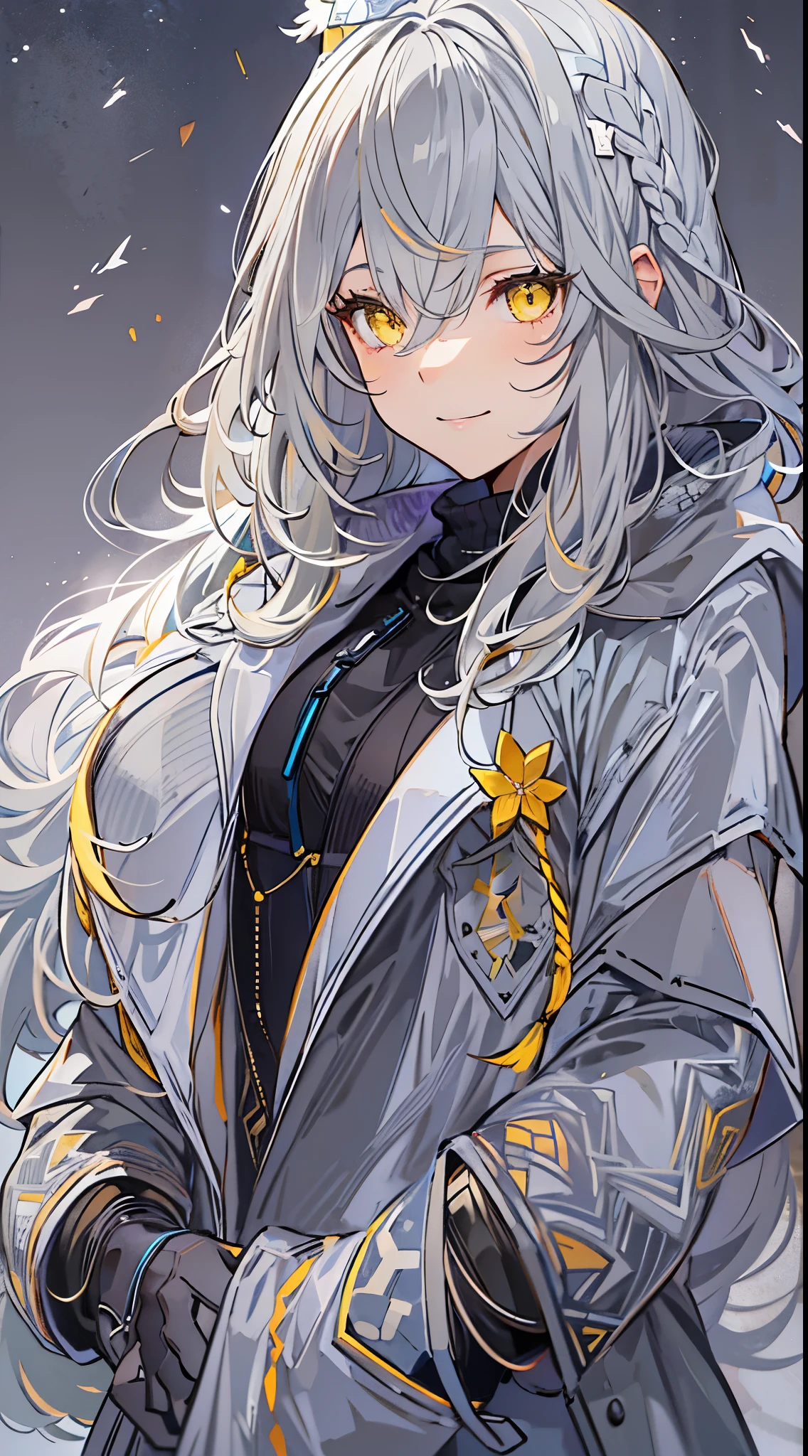 1girll，Red eyes， White color blouse， Gorgeous Hair in Long Purple， looking at viewert， light particules， ssmile， starrysky， Wizard's Hat， sleeveless， bare shoulders​， By bangs，（ She wears a black hooded trench coat，There are fluff on it）， tilt of the head，Pantyhose, nipple tassels,flower knot, mitts,  beatiful detailed eyes， detailed back ground，((((((gray hair)))))),  ((((yellow eyes)))),