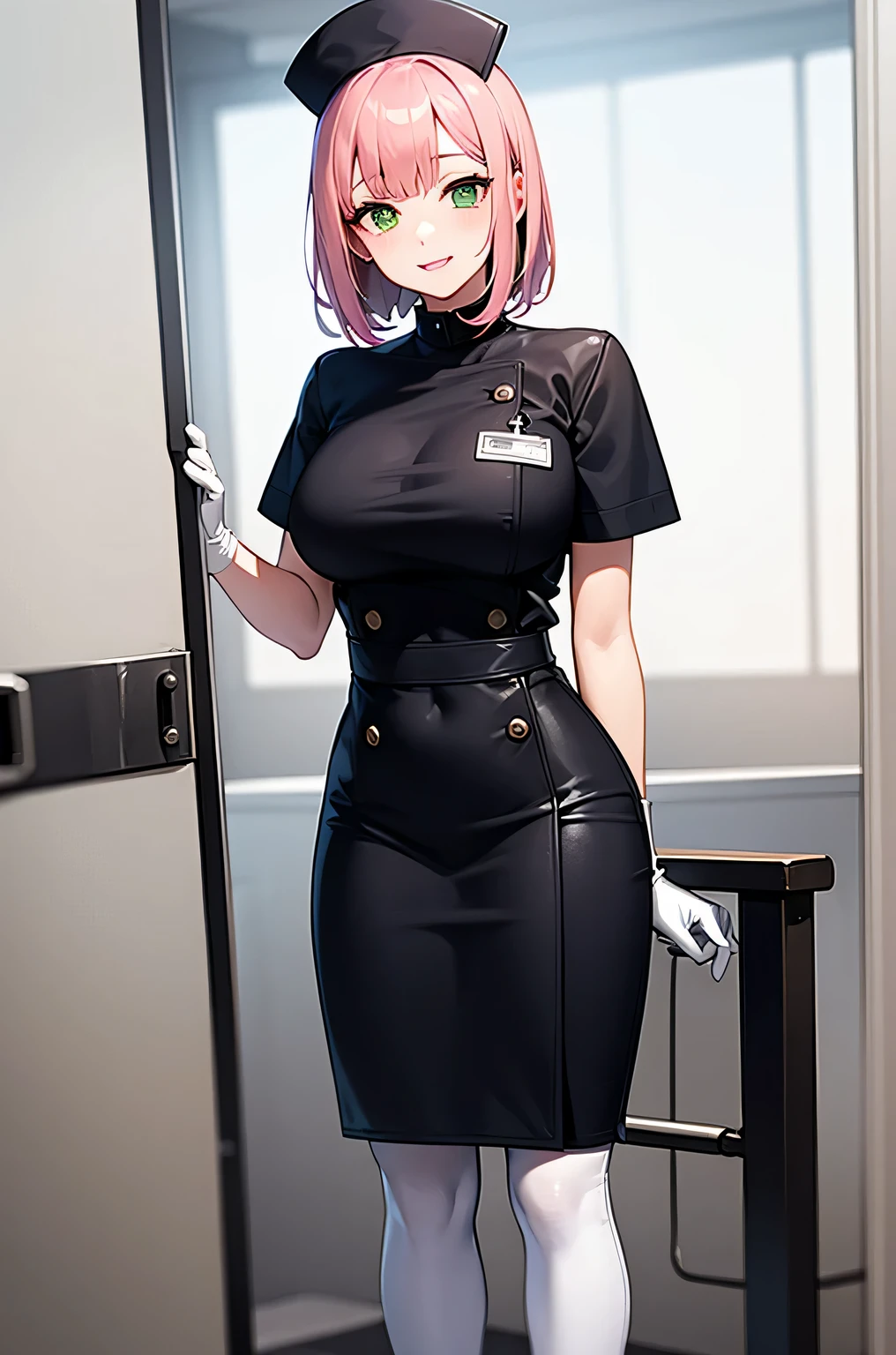 1 female, alone, nurse, nurse cap, white clothes, ((white legwear, zettai ryouiki)), white gloves, pink hair, green eyes, droopy eyes, pink lips, smile, Are standing, ((hospital room)), sharp outline, short sleeve, mature woman, 32 years old, highest quality, masterpiece