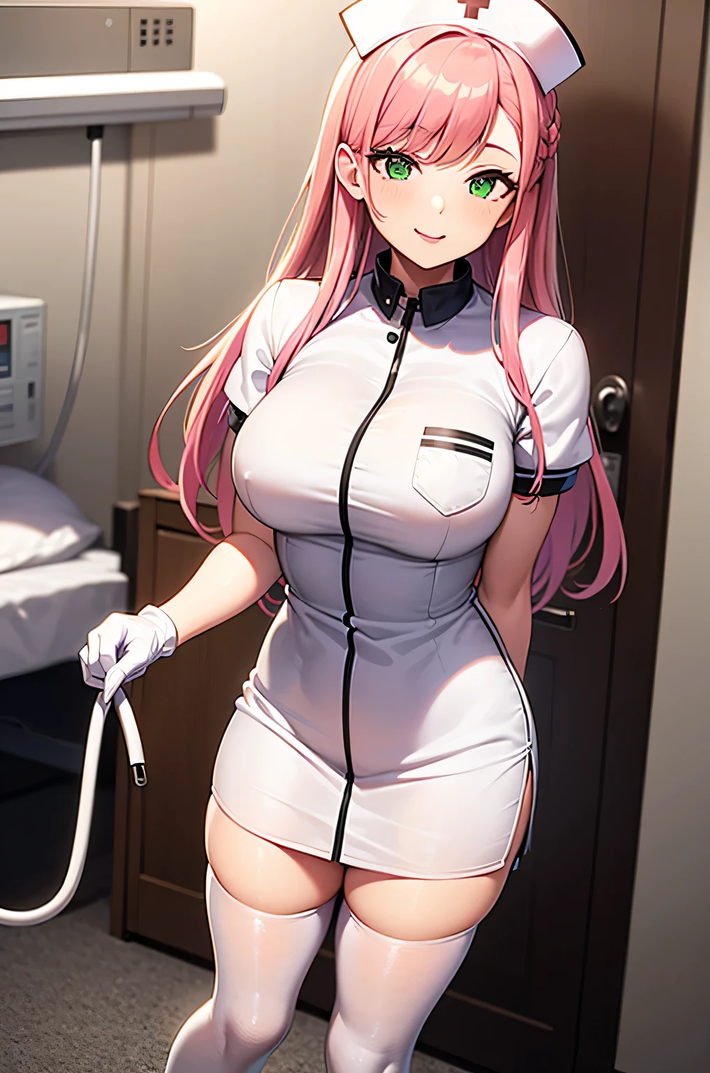 1 female, alone, nurse, nurse cap, white clothes, ((white legwear, zettai ryouiki)), white gloves, pink hair, green eyes, droopy eyes, pink lips, smile, Are standing, ((hospital room)), sharp outline, short sleeve, mature woman, 32 years old, highest quality, masterpiece