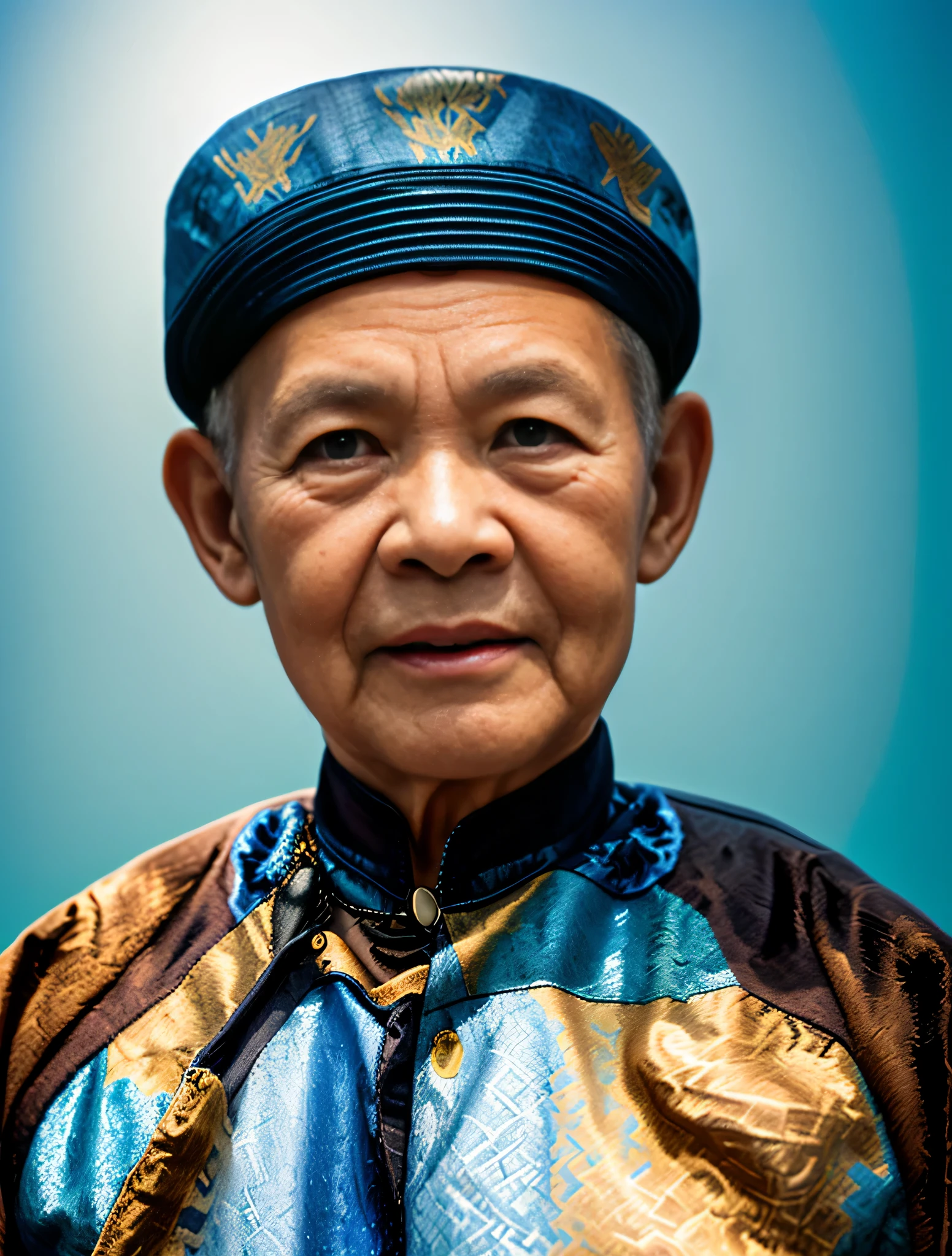 Highly realistic photo, ((masterpiece), (best quality), (raw photo), (photorealistic:1.4), Portrait of Vietnamese old man, 80 years old, (( black hair)), black ao dai, black head scarf, ((light blue background)) , photo taken by Sony A7IV