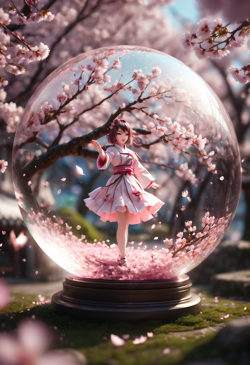 1girl, The Sakura Maiden, aesthetic, Cherry blossom in a glass sphere tilt shift 16k bokeh sparkles surrounded by floating petals, detailed matte painting, deep color, fantastical, intricate detail, splash screen, complementary colors, fantasy concept art, 8k resolution trending on Artstation Unreal Engine 5