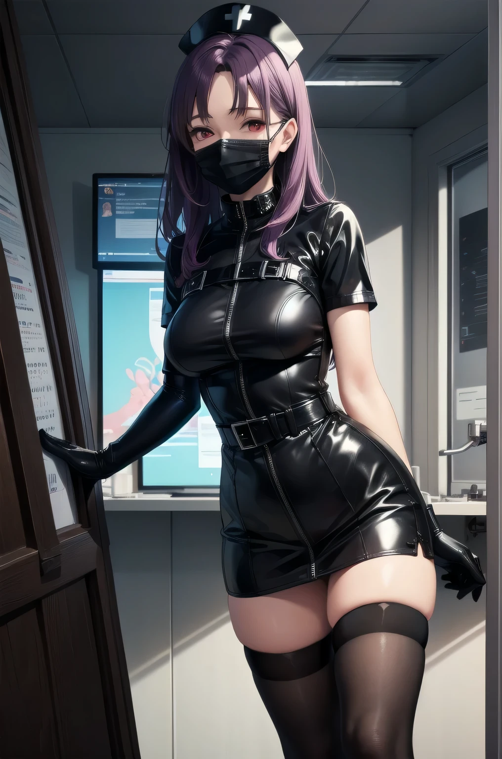 black nurse, 1 female, alone, black nurse cap, Blackware, ((black legwear, zettai ryouiki)), black elbow gloves, long hair, purple hair, red eyes, ((black surgical mask, covered nose)), Are standing, ((operating room)), sharp outline, short sleeve, mature woman, 35 years old, highest quality, masterpiece