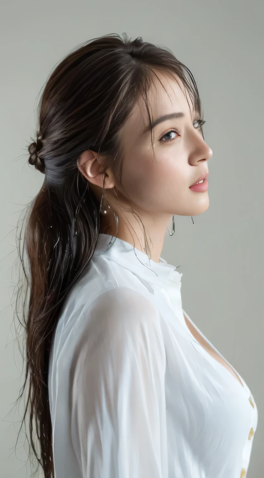 ((highest quality, 8k, masterpiece: 1.3)), sharp: 1.2, perfect body beauty: 1.4, slim abs: 1.2, ((layered hairstyles, big breasts: 1.2)), (Wet White Button Long Shirt: 1.1), (rain, Scholl: 1.2), Wet: 1.5, Highly detailed face and skin texture, fine eyes, double eyelid, side view looking at camera, innocent, (Excited: 1.3)