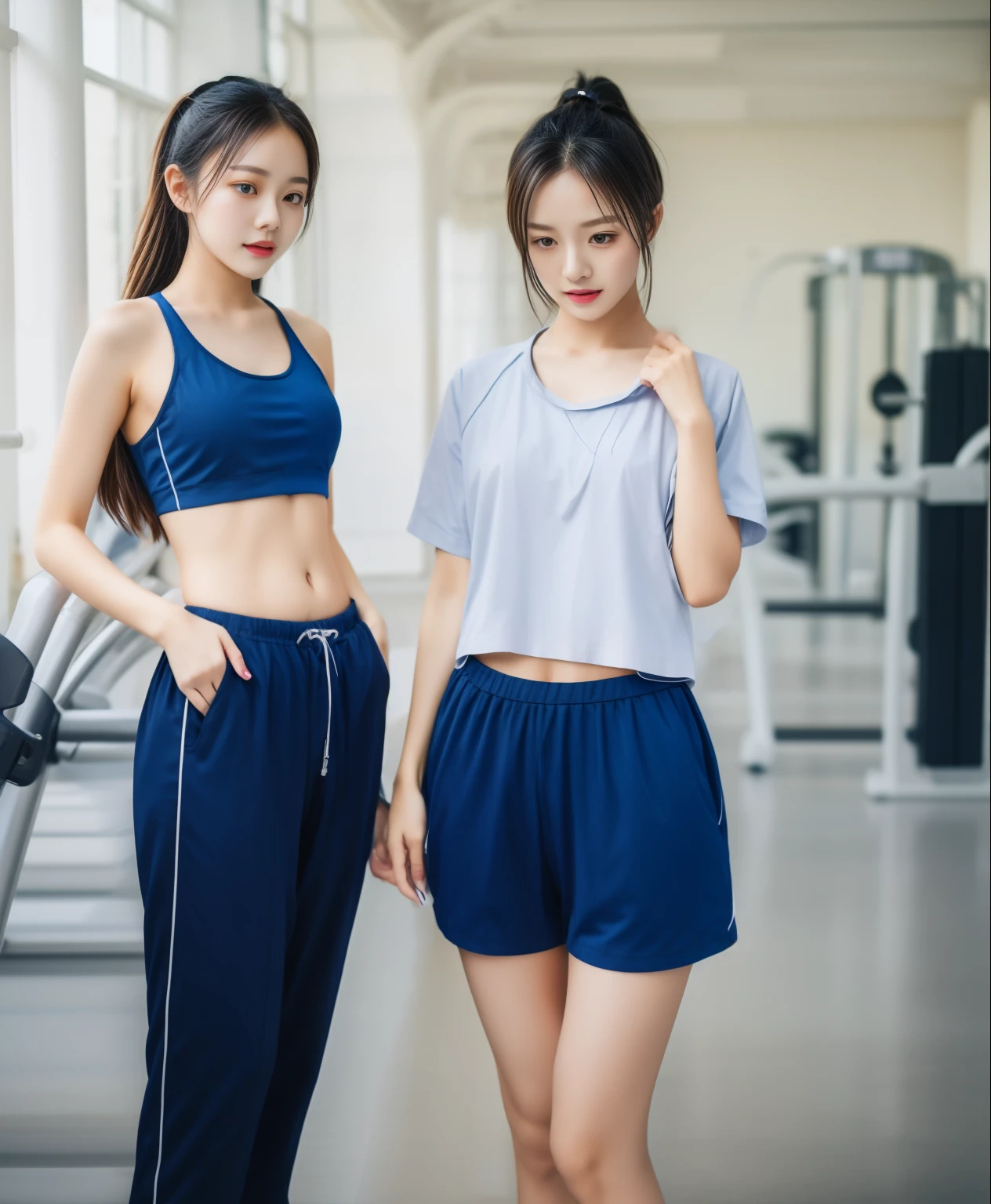 2 girls in fitness center, Blue short-sleeved shirt,Sweatpantsขายาวสีกรมท่า,Sweatpants, Sweatpantsขายาว,25 year old girl, lesbian, sexy, exercise clothes, wet body, exercise clothes