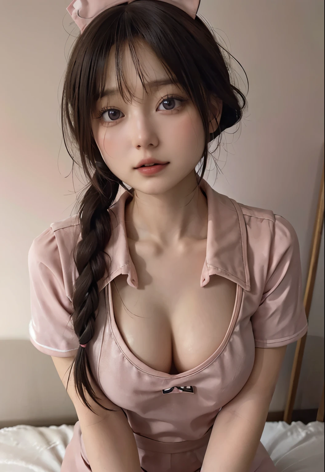 Masterpiece, Ultra-detailed, ultra high resolution, (Real and lifelike photos: 1.37), light color、detailsなパンティーパターン、focus、HD RAW color photography, extremely delicate and beautiful, 非常にdetails, 8k Wallpaper, amazing, (8k, original photography, top quality, Masterpiece: 1.2), details, 非常にdetailsな目, 非常にdetailsな肌, 非常にdetailsな指, h非常にdetails nose, 非常にdetailsな口, perfect anatomy,1 girl in, vague, vague background, Blurred foreground, blush, braid, huge山雀, depth of field, Eyebrows visible through hair, hair between eyes,short hair,alone, huge 、nogizaka idol、korean idol、Posing a gravure idol、18 years old adult female、High,korean idol、nogizaka idol、Posing a gravure idol、(((pink nurse uniform:1.3)))、Black thigh high socks for emphasis、open cleavage,((Big breasts:1.4))、G cup slim figure、model figure、model standing、