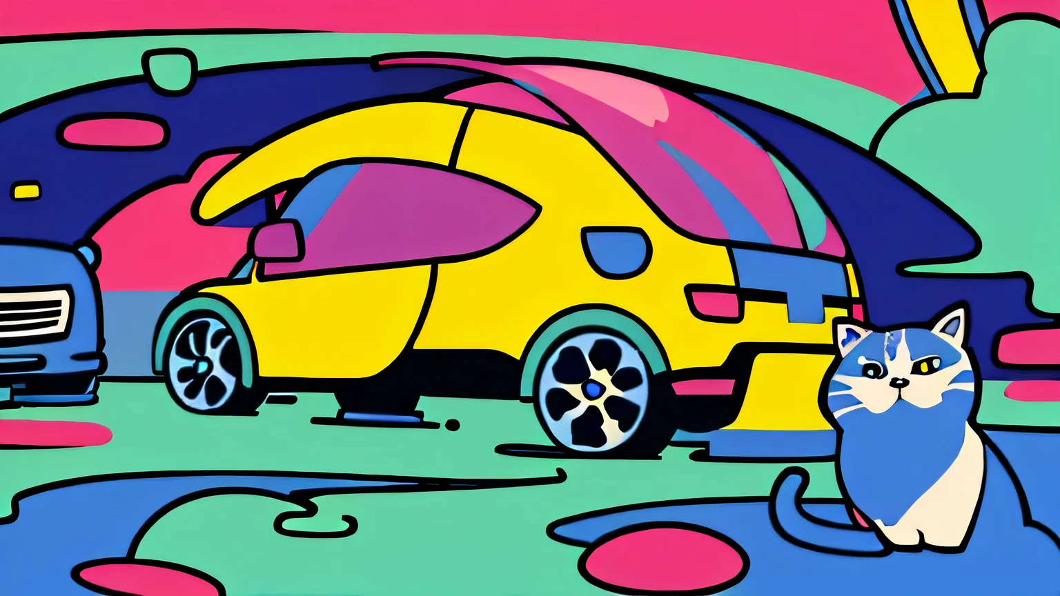 (Ultra Detailed,Ultra High Definition,Detailed Background),((2D)),((Flat Color)),((Colorful)),((Floating Colorful Water))), dog and cat, girl, mountain, car, abstract