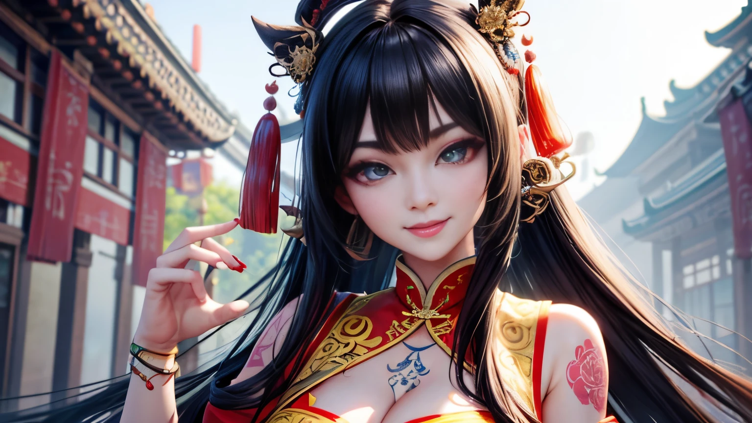 High resolution, 1 female, hip up, beautiful eyes, Ring-shaped eyes, jewelry, tattoo, Hanfu, chinese fairy, taoist uniform、cleavage、smile、3D rendering