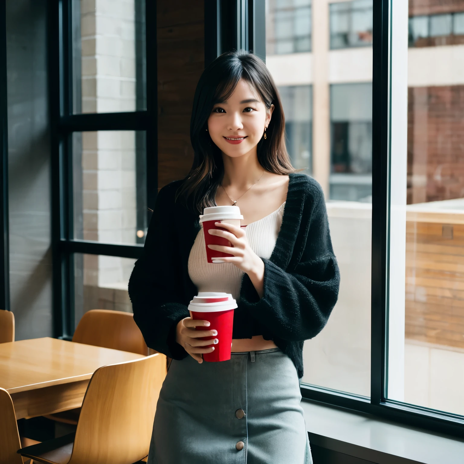indoor, portrait, 25 year old woman holding a coffee cup, black cropped knit cardigan, arm:1, dark red narrow skirt with black plaid, black knee-high suede boots, Standing next to the office window, incontinent, pussy exposed, shaved