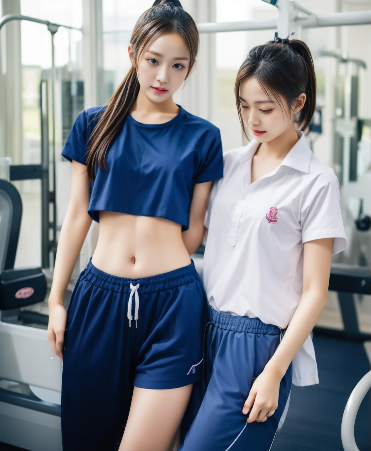 2 girls in fitness center, Blue short-sleeved shirt,Sweatpantsยาวสีกรมท่า,Sweatpants, Sweatpantsยาว,25 year old girl, lesbian, sexy, exercise clothes, wet body, exercise clothes