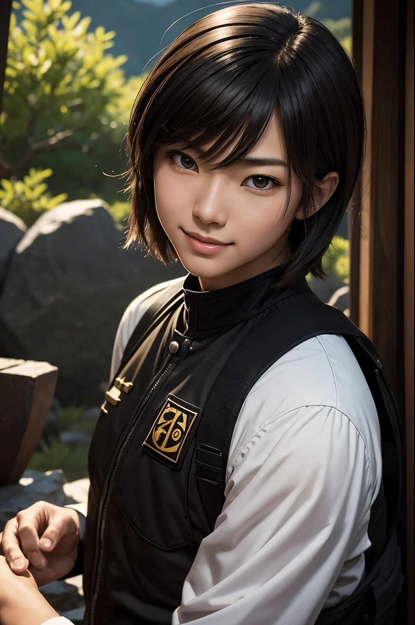 8K,Young Japanese man in black combat uniform,good looking(like the real thing),ride a bike,black combat pants,Light brown permed medium bob,Big eyes,black eyes,muscular slim body,smile,Frivolous atmosphere,Persona4(Hanamura Yosuke),comical pose,masterpiece,Photorealistic RAW photos of the highest quality。bright colors,rich colors, Backlight, cinematic lighting, film grain, to be born, 50mm lens, Nikon D850,detailed character art,fantasy art,ultra high resolution,super realistic skin,Perfect hand shape,mountain path,Persona4(Hanamura Yosuke),