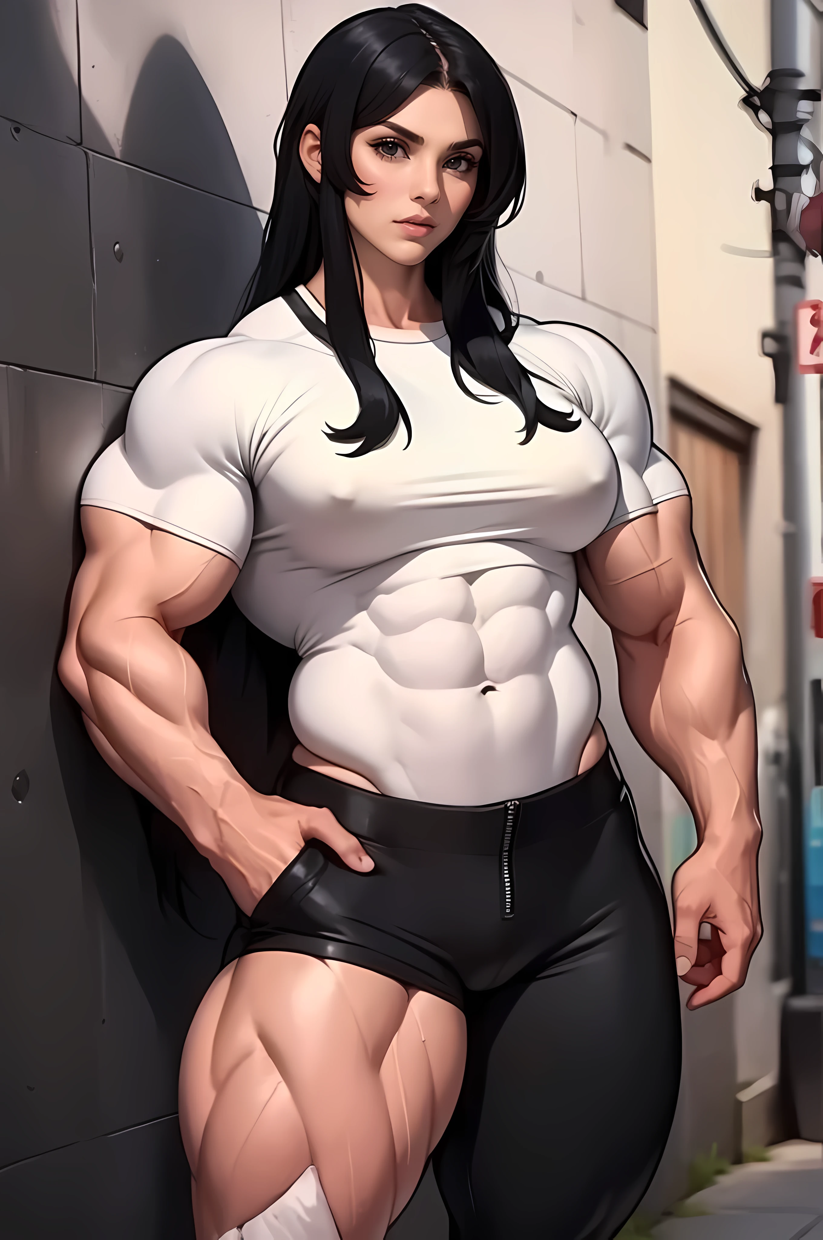 ((((((((1 girl)))))))), (((((((muscular))))))) black hair, yellow eyes, very long hair, tall, pale skin, (seductive expression), against wall