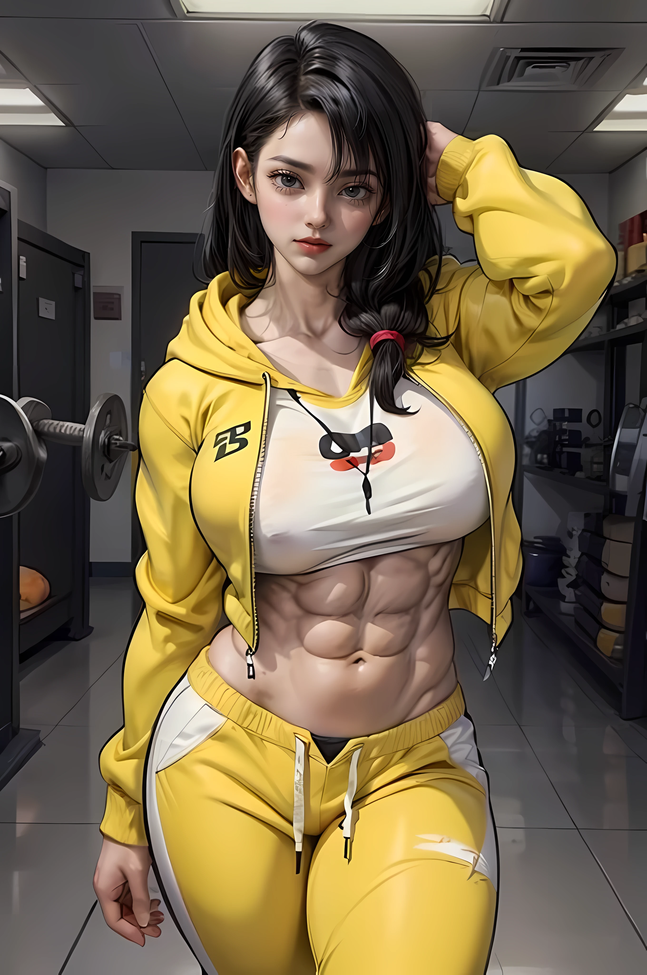 ((((((muscular 1 girl)))))), huge breasts, toned body, black hair, pale skin, yellow eyes, very long hair hoodie sweatpants, navel