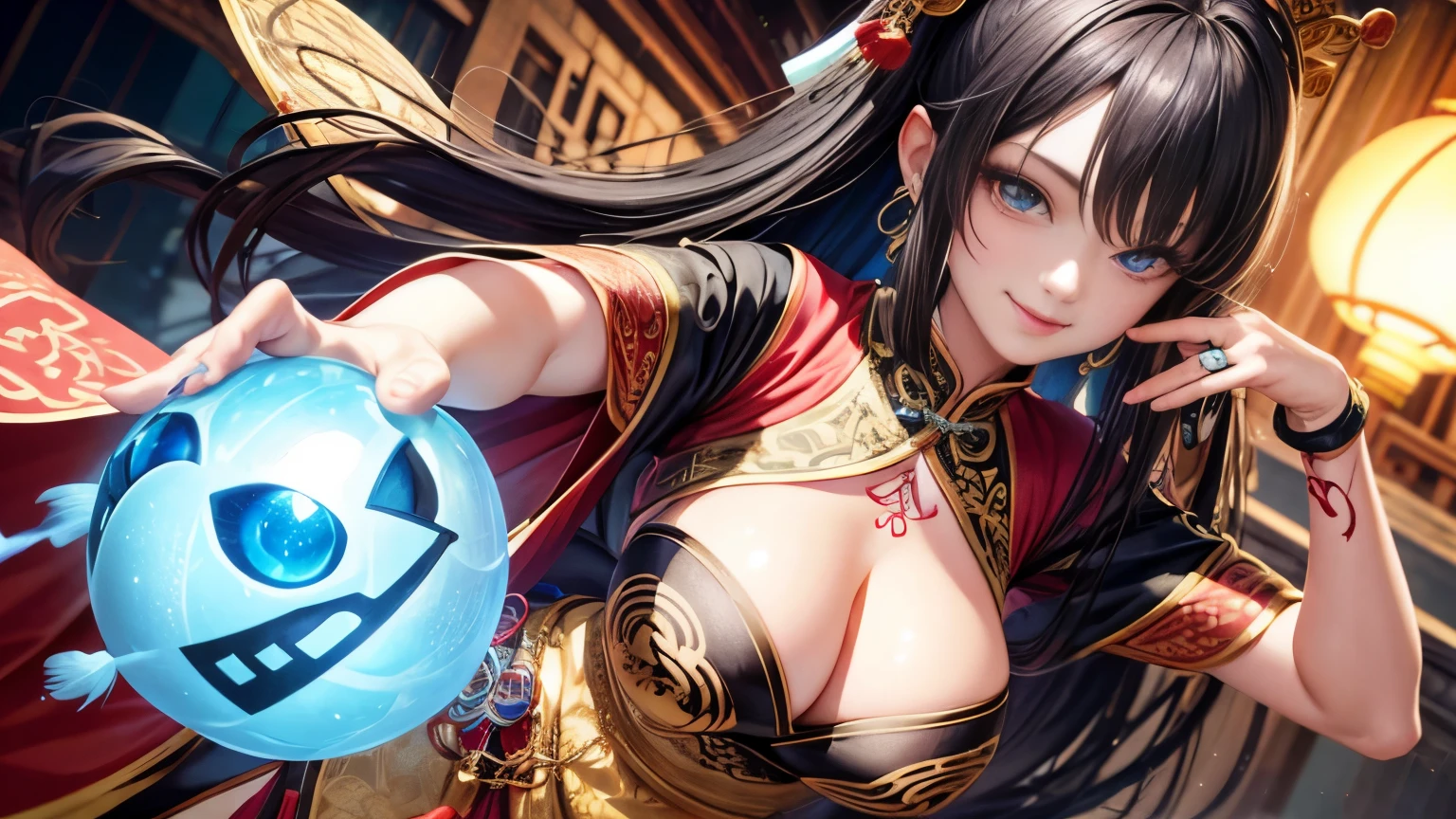 High resolution, 1 female, hip up, beautiful eyes, Ring-shaped eyes, jewelry, tattoo, Hanfu, chinese fairy, taoist uniform、cleavage、smile、3D rendering
